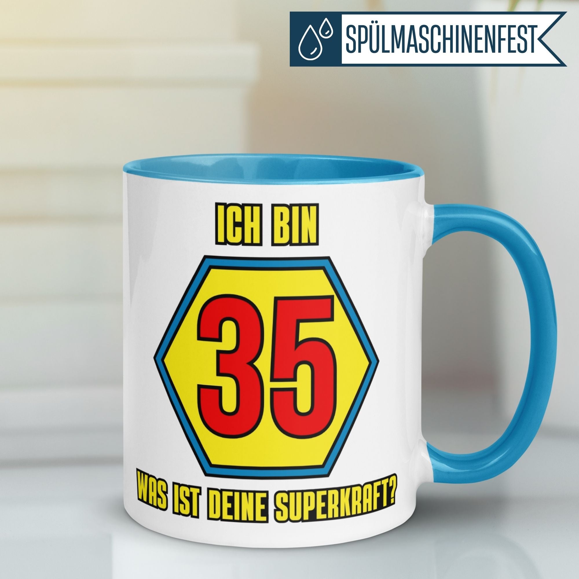 Momentals® Tasse 35. Geburtstag | Superheld & Spruch | Ich bin 35 und was ist deine Superkraft