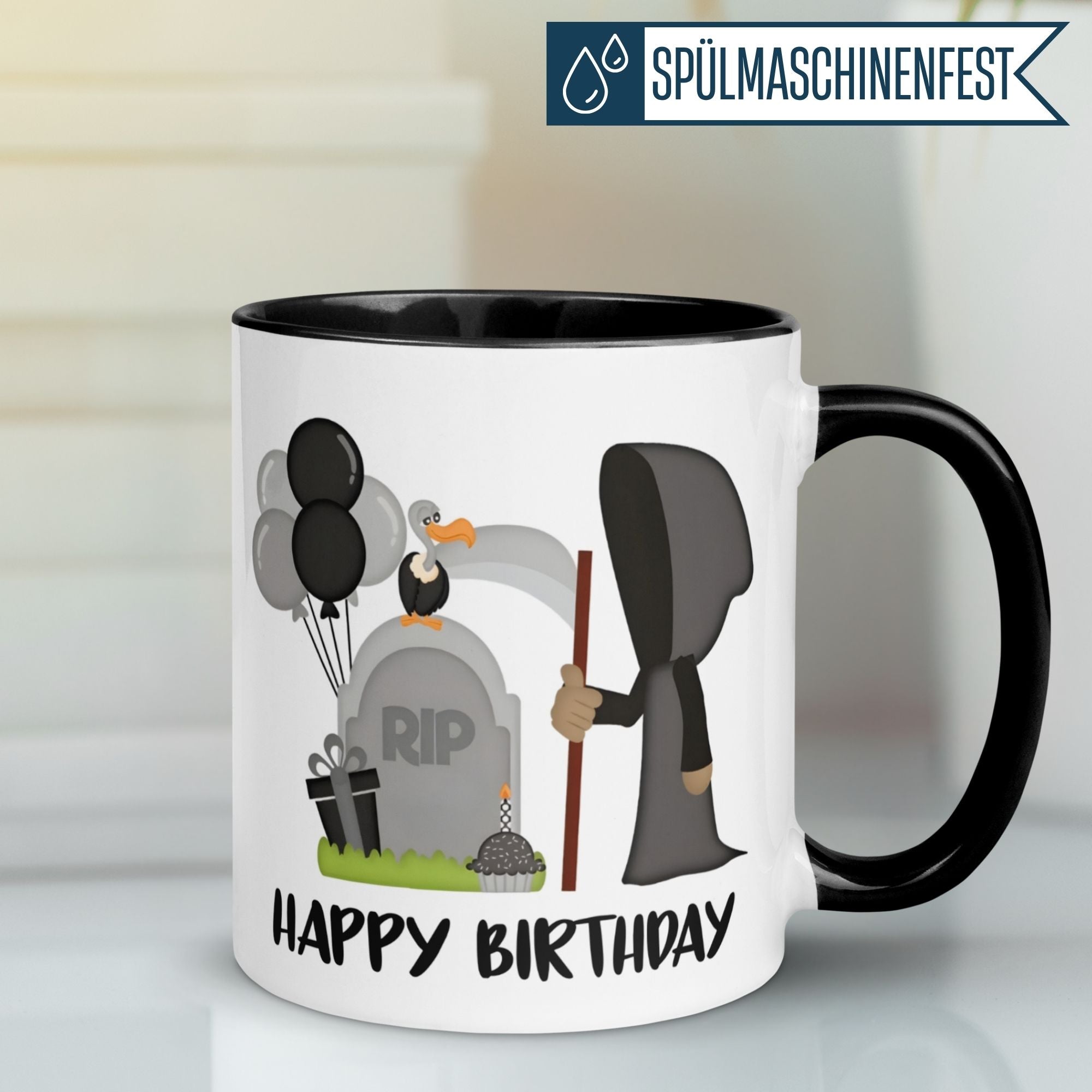 Tasse Geburtstag – „Happy Birthday – Sensenmann“ – Geburtstagstasse Mann Frau