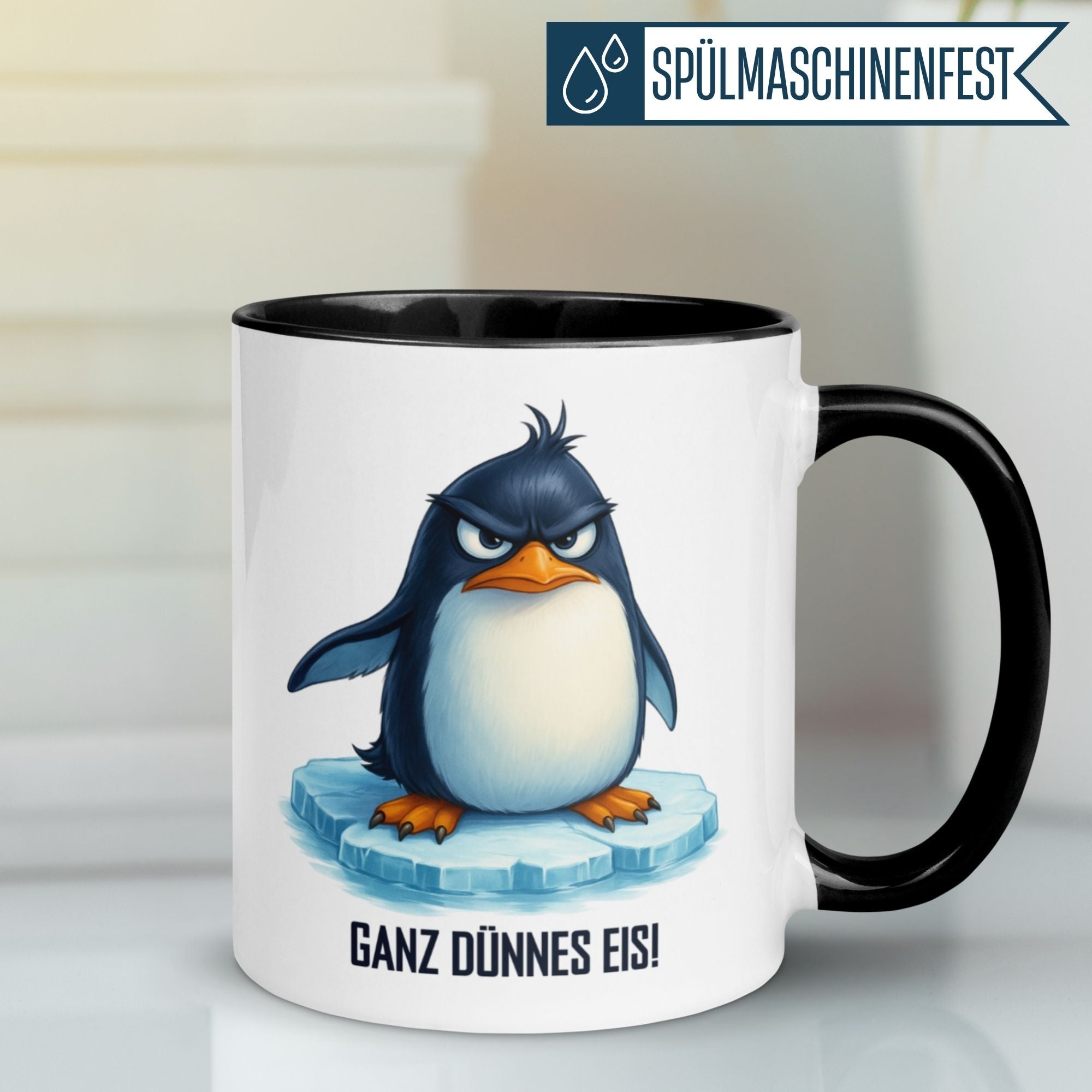 Momentals® Tasse mit Pinguin-Motiv und Spruch "Ganz dünnes Eis!" für Morgenmuffel.