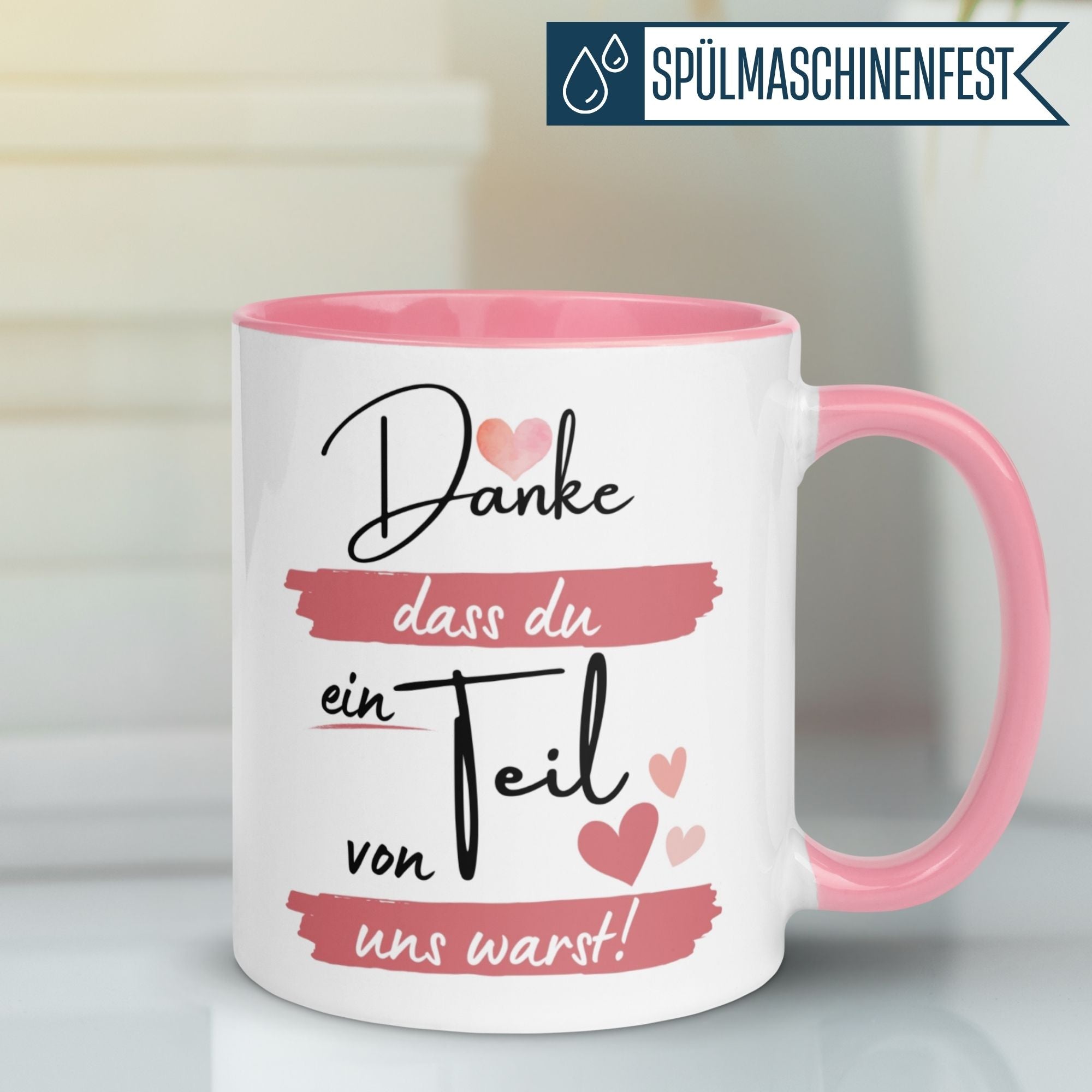 Momentals Tasse mit Dankesspruch für Kollegin in pastellfarbenem Design und Herz-Illustrationen.