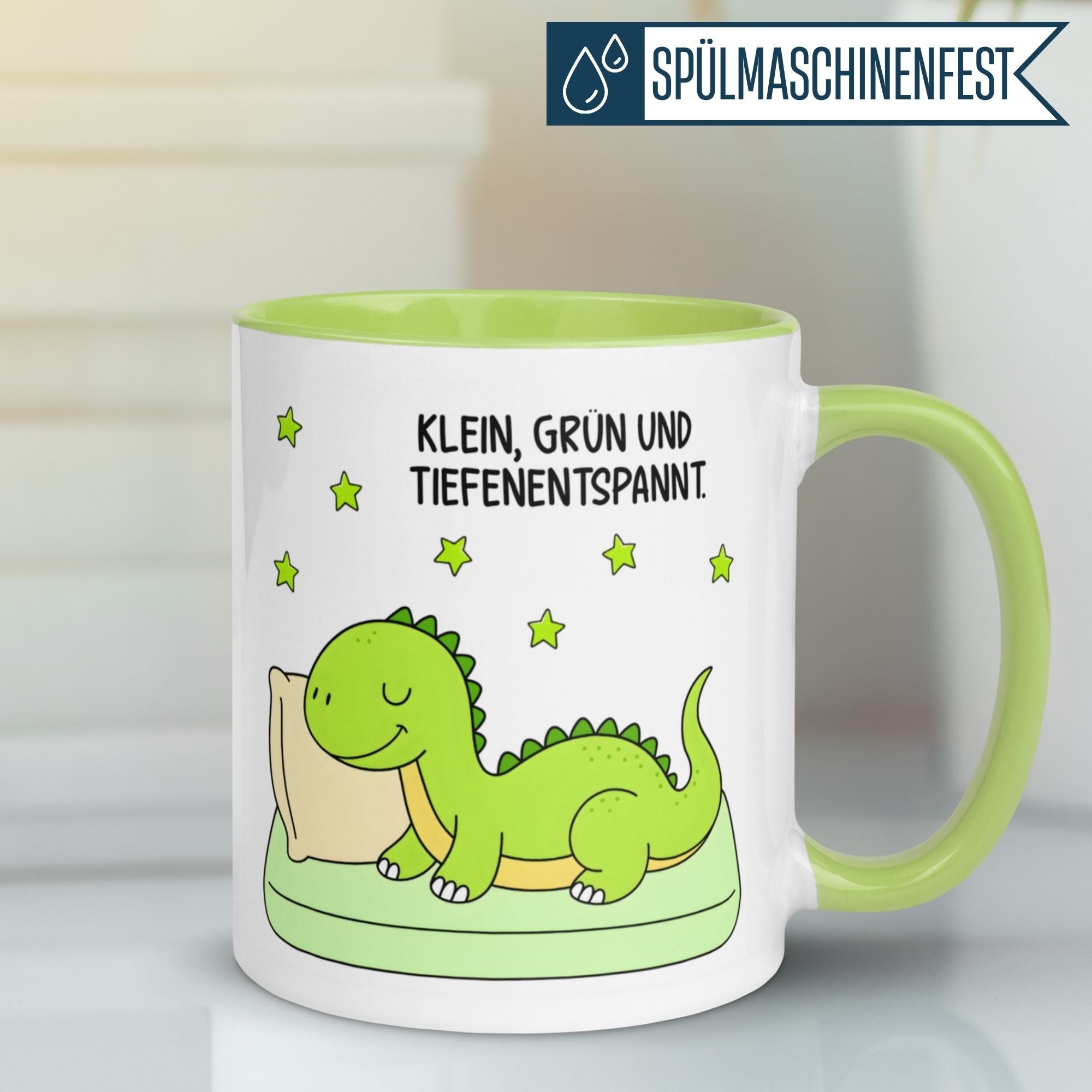 Tasse Dinosaurier – „Klein, grün und tiefenentspannt“ – Dino Geschenk Becher