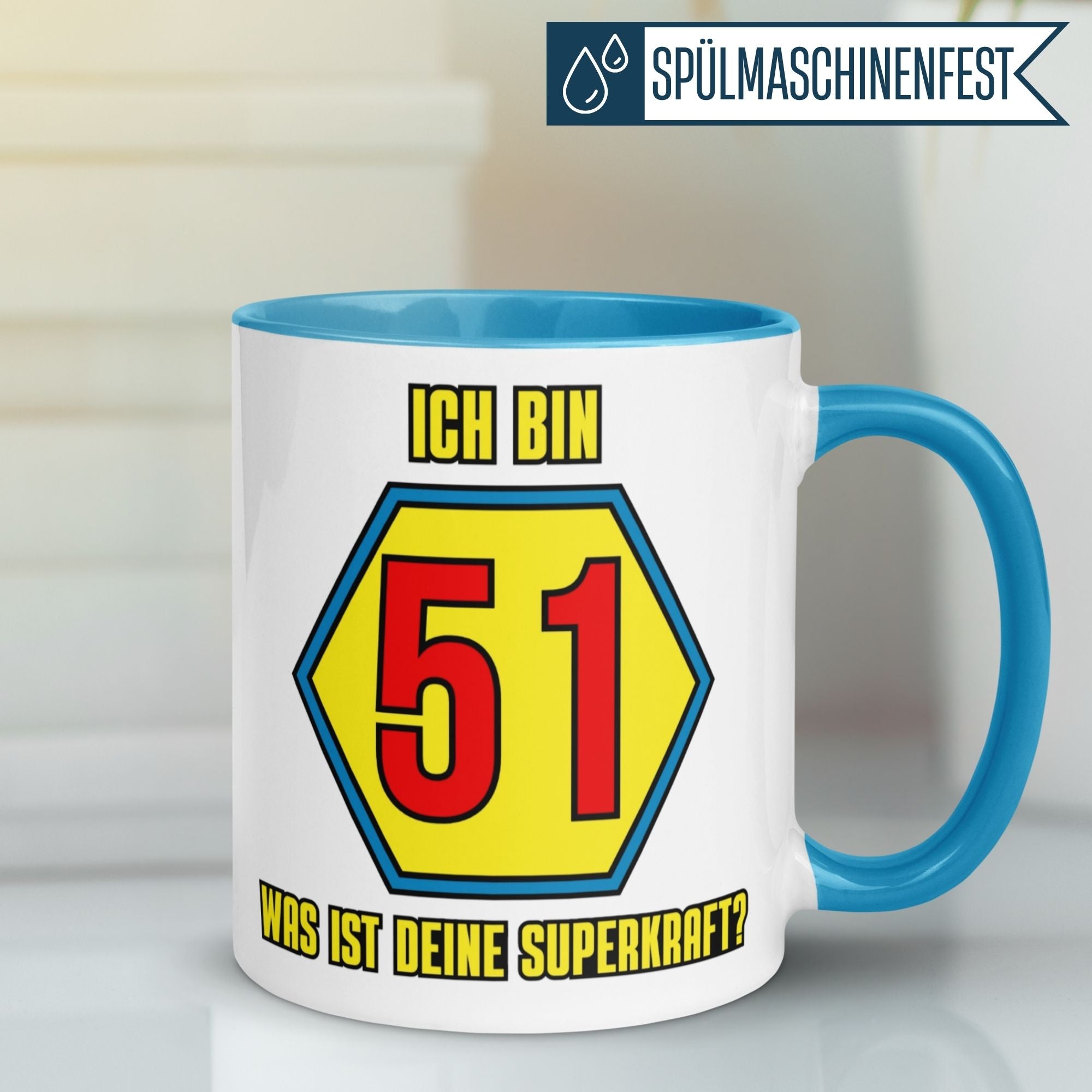 Momentals® Tasse 51. Geburtstag | Superheld & Spruch | Ich bin 51 und was ist deine Superkraft