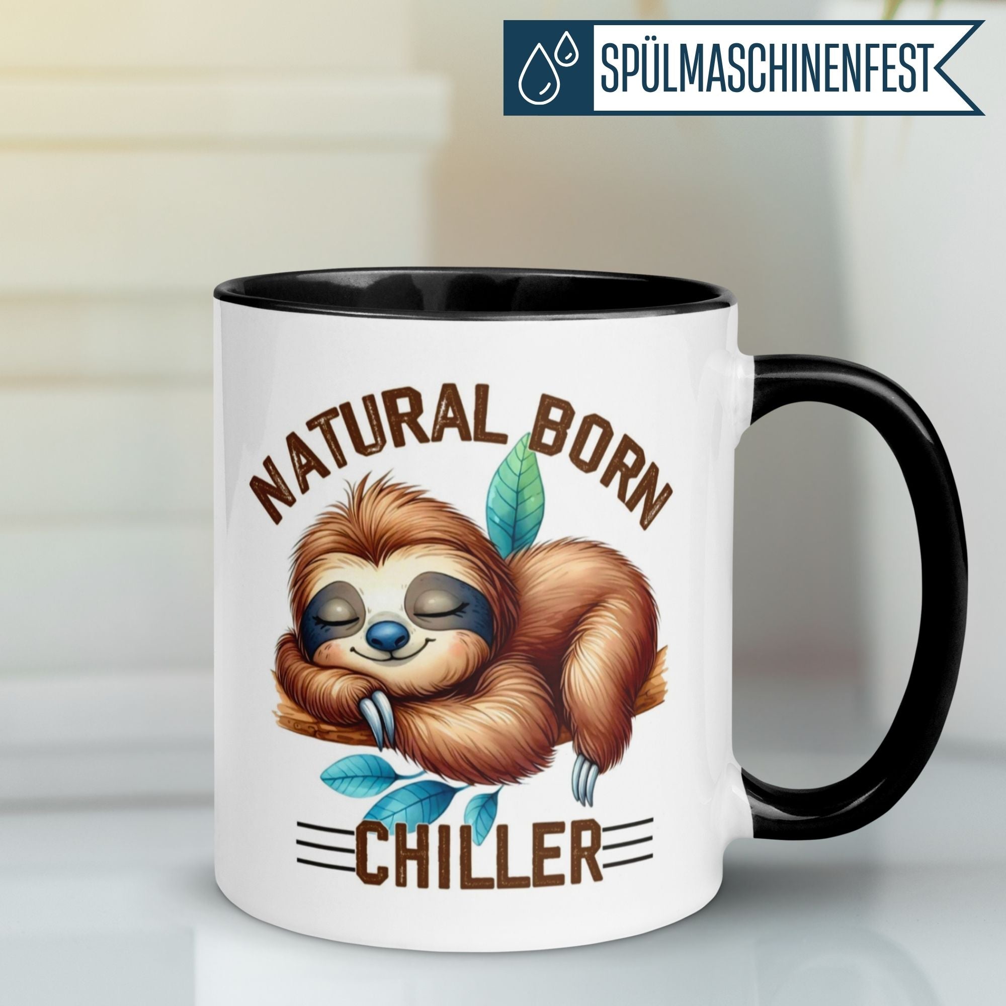 Momentals Natural Born Chiller mug featuring a cute sleeping sloth design, perfect for relaxed coffee lovers.