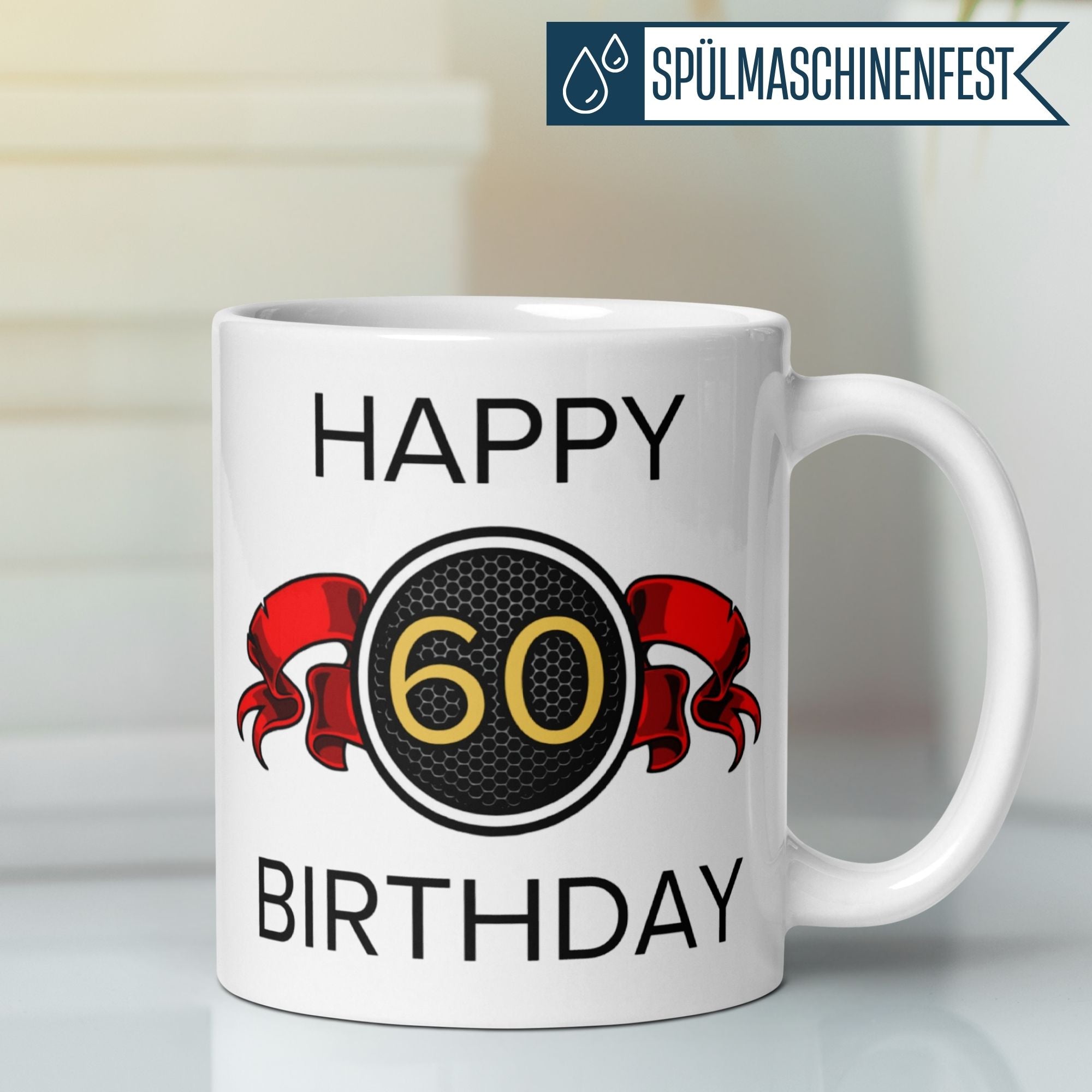 Momentals® Tasse 60. Geburtstag | Wappen & Spruch | Happy Birthday mit roter Schleife • Momentals