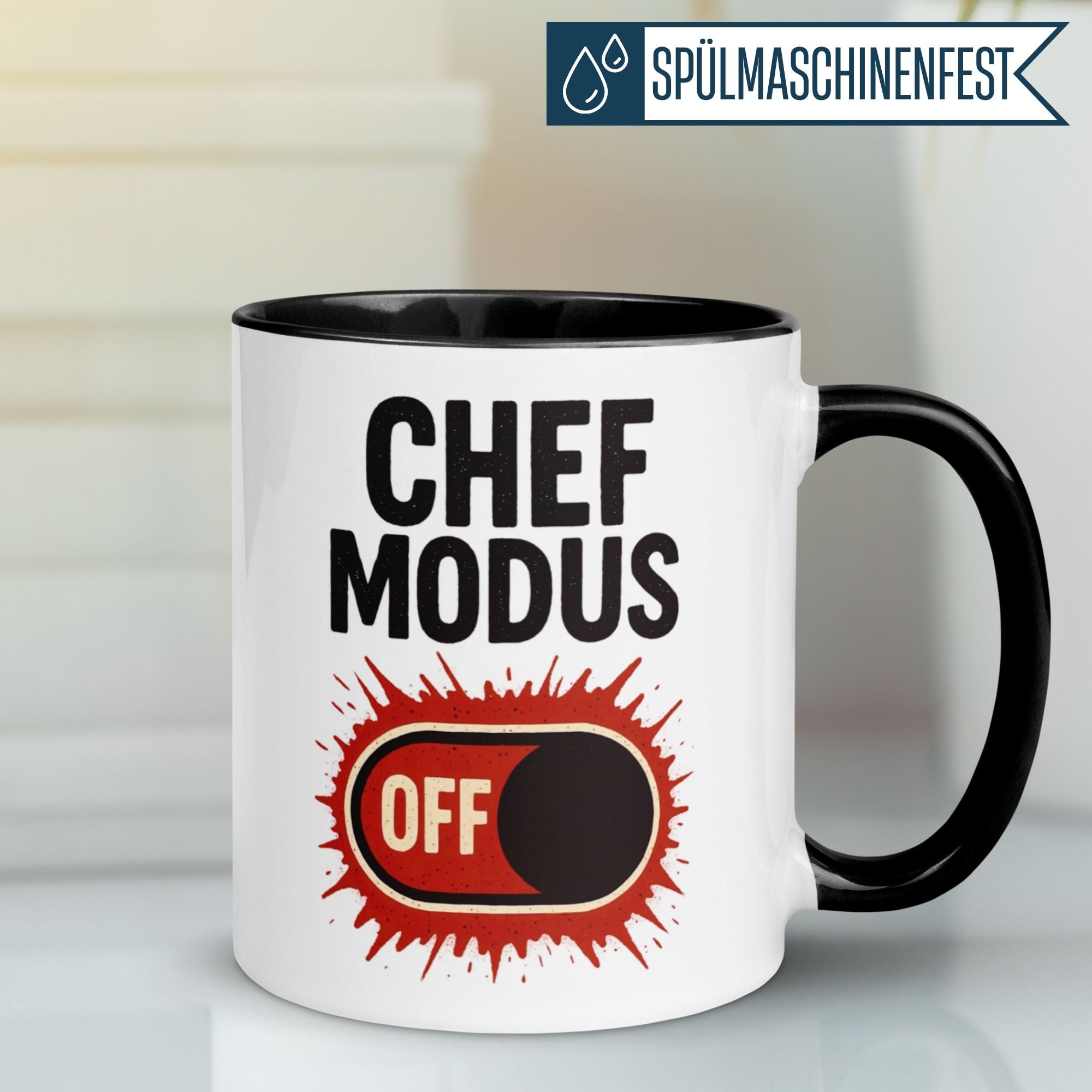 Momentals Tasse mit Aufschrift 'Chef Modus OFF', humorvolles Geschenk für Führungskräfte.