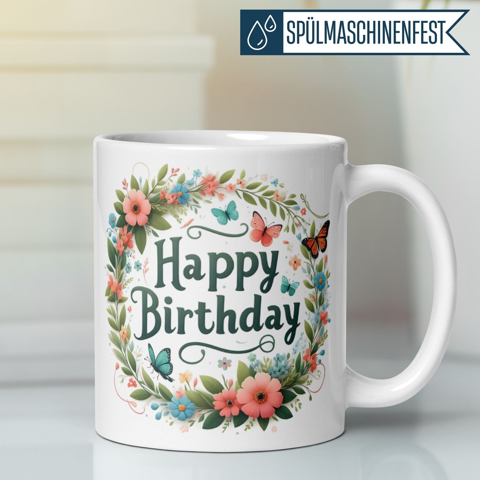 Momentals® Birthday mug with floral design and butterflies, perfect for cheerful birthday mornings.