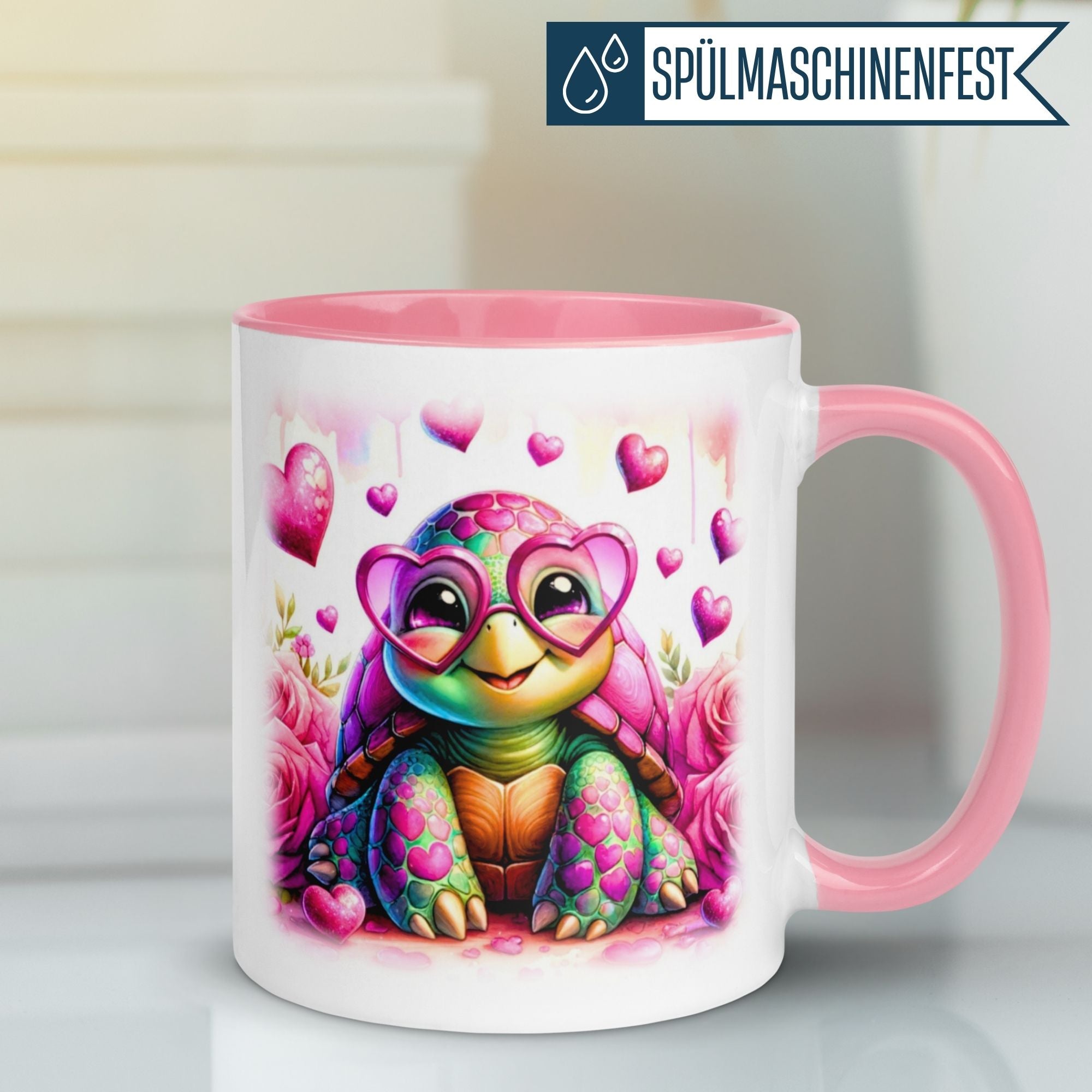 Momentals® Tasse | Schildkröte mit Herzbrille & Rosen | Rosa Herzdesign für Verliebte