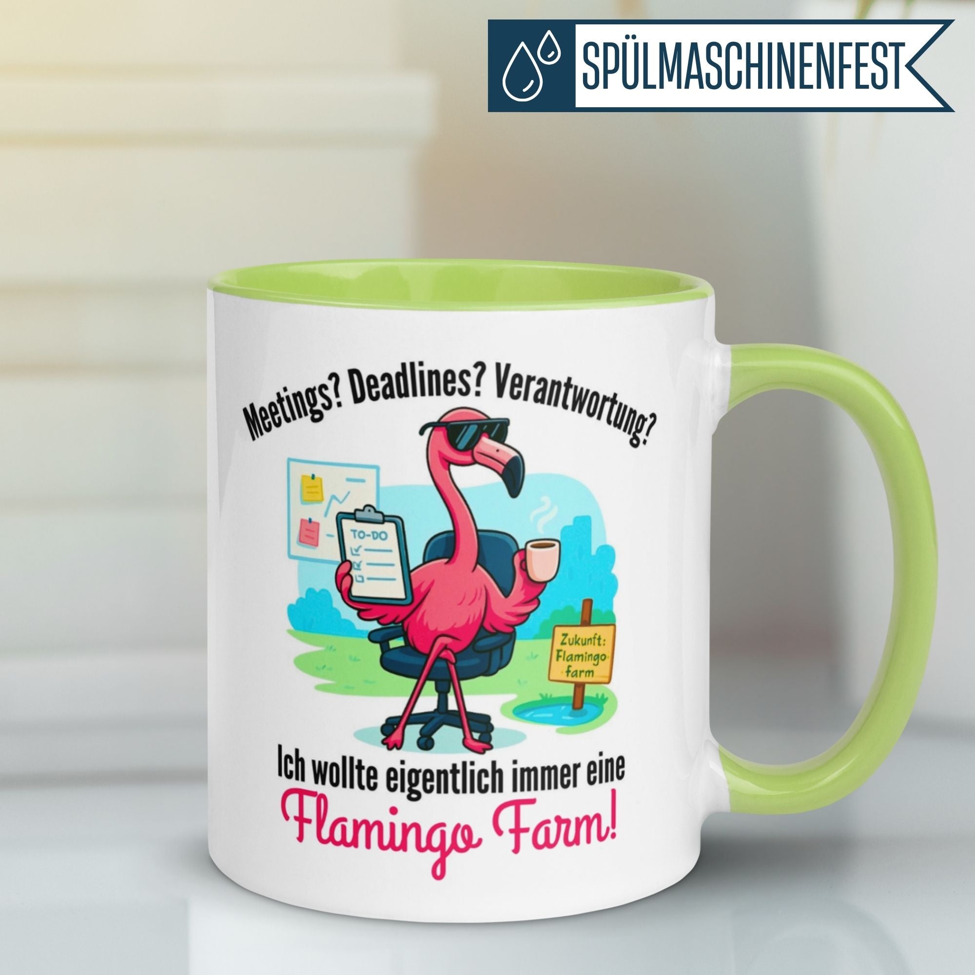 Momentals Tasse mit Flamingo-Trinkmotiv und lustigem Spruch für Morgenmuffel