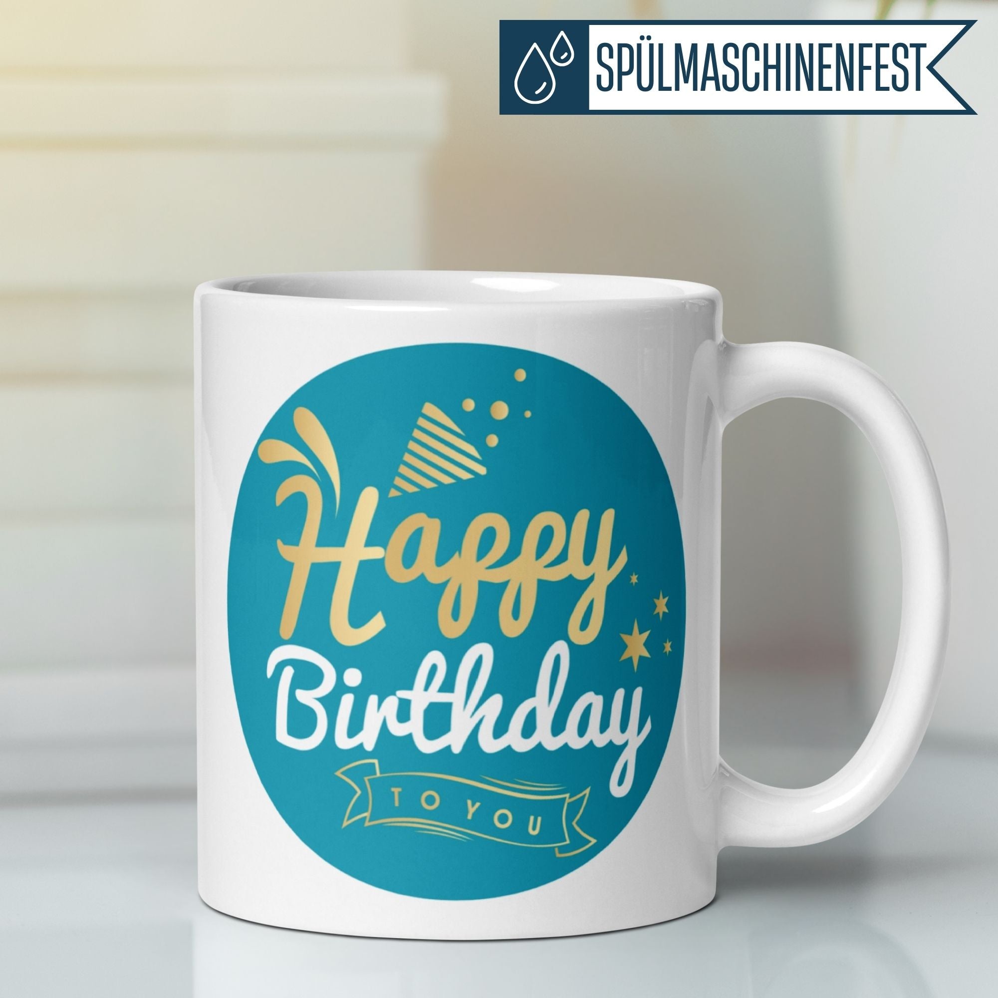 Stilvolle Tasse in Türkis und Gold mit dem Schriftzug "Happy Birthday to You" für fröhliche Geburtstagsgrüße.
