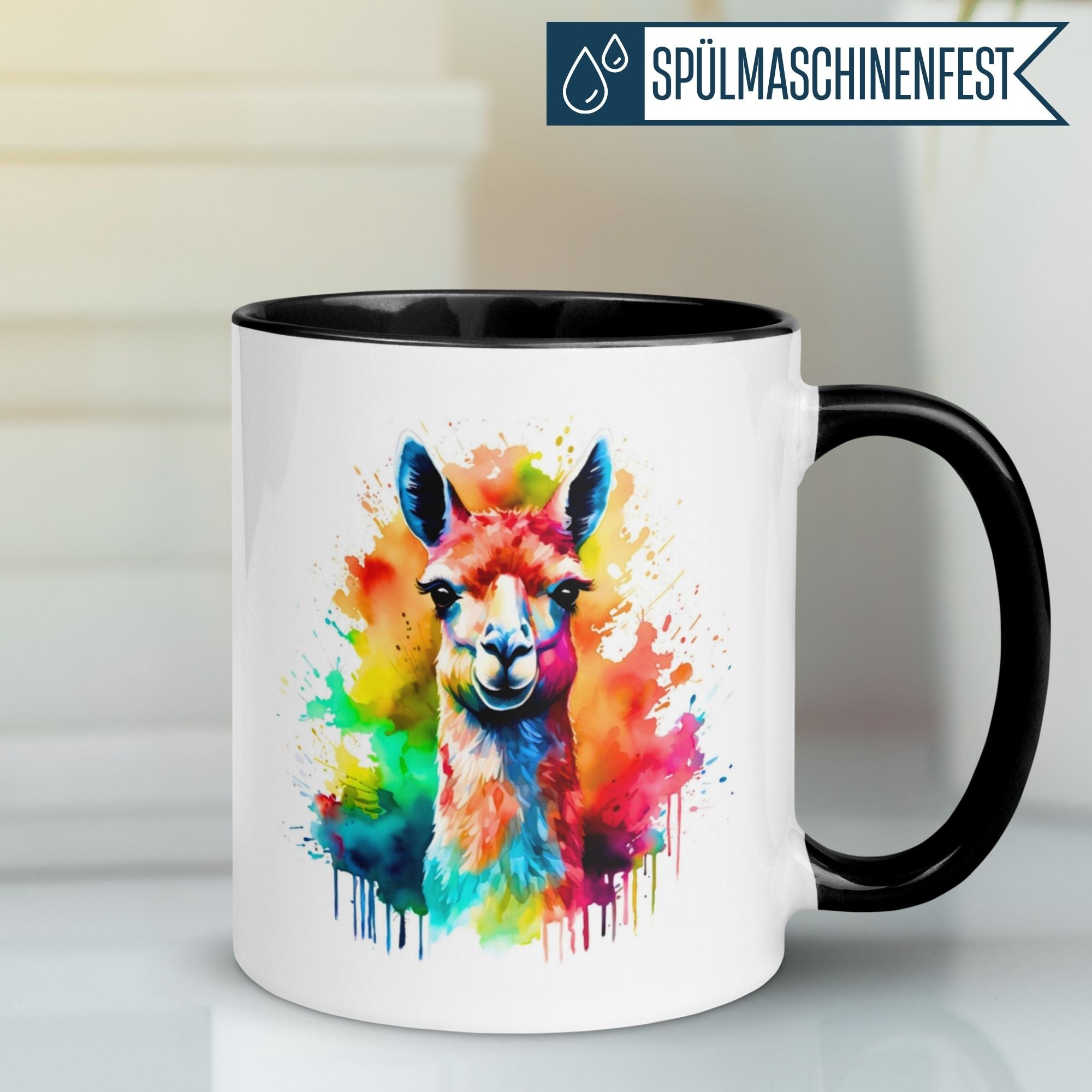 Bunte Momentals® Tasse mit Lama-Motiv und Aquarell-Farben, ideal für Tierliebhaber.