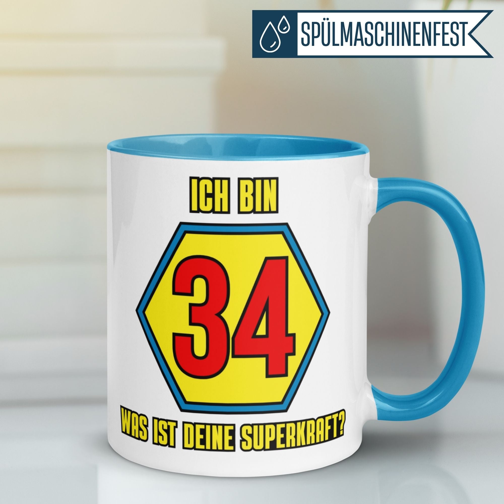 Momentals® Tasse 34. Geburtstag | Superheld & Spruch | Ich bin 34 und was ist deine Superkraft