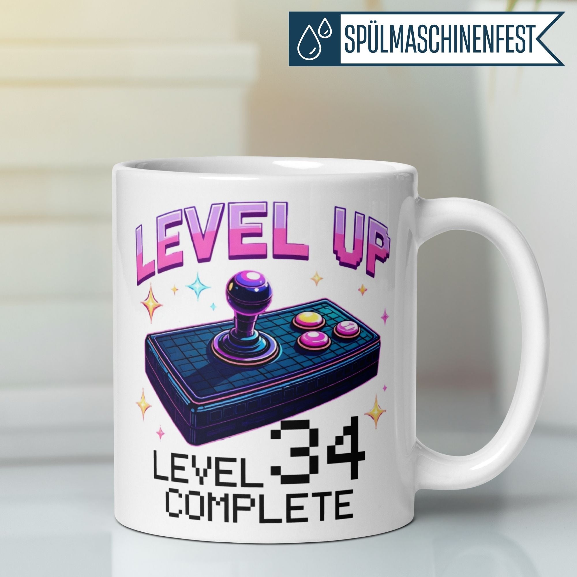Momentals® mug celebrating 34th birthday with 'Level Up!' design and retro joystick illustration.