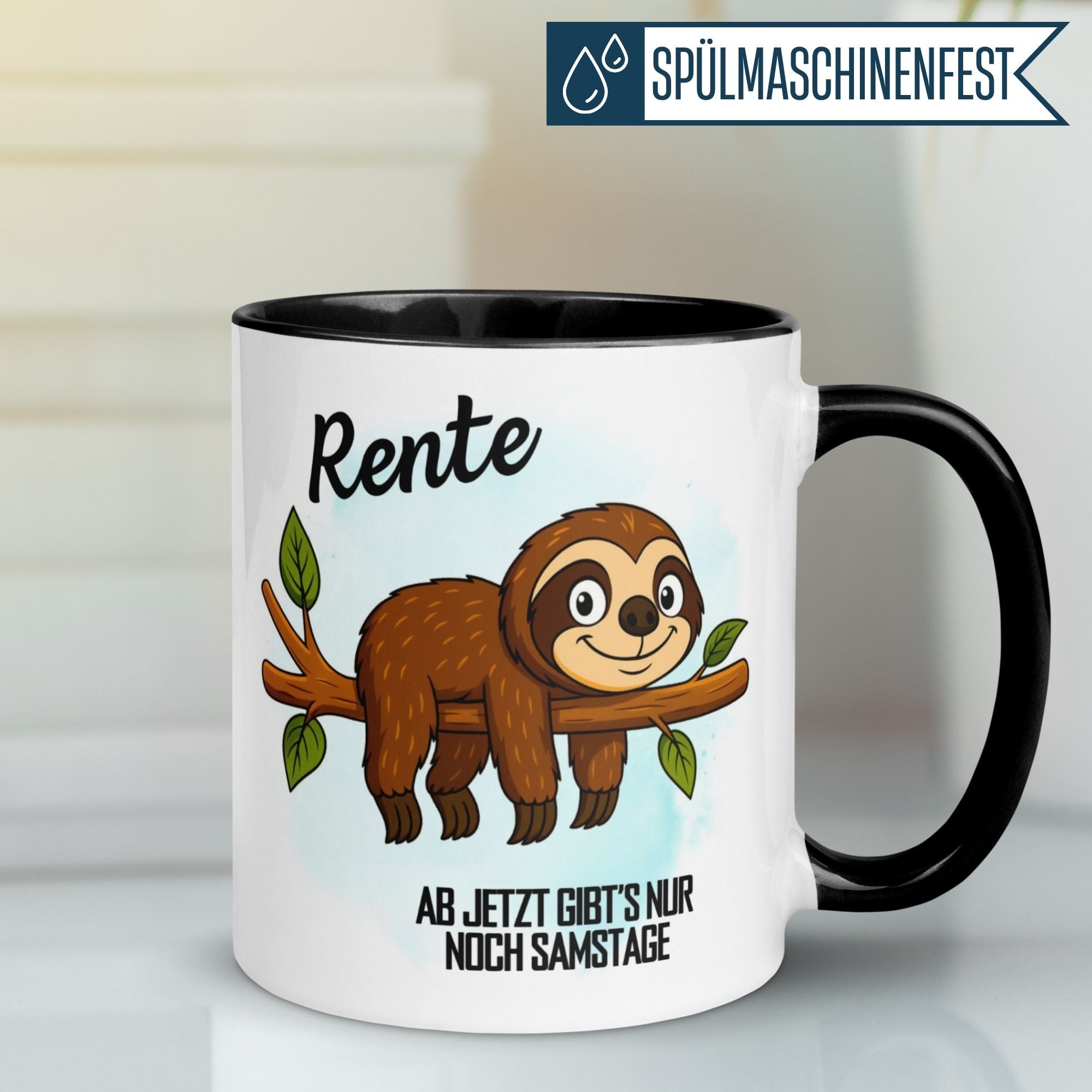 Momentals® Tasse mit Faultier und Spruch für den Ruhestand "Ab jetzt gibt's nur noch Samstage"