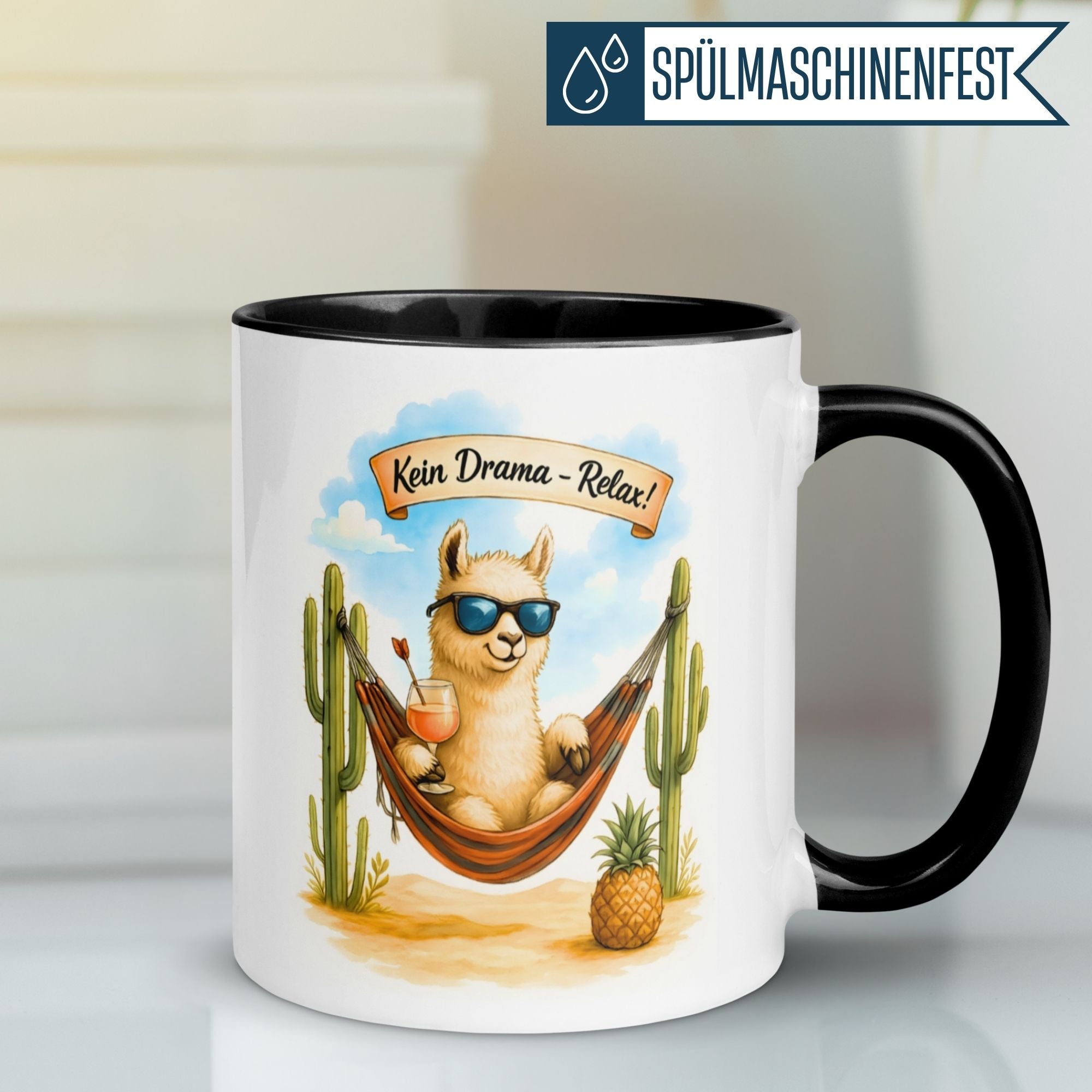 Tasse Alpaka – „Kein Drama – Relax“ – lustiger Alpaka Geschenk Becher