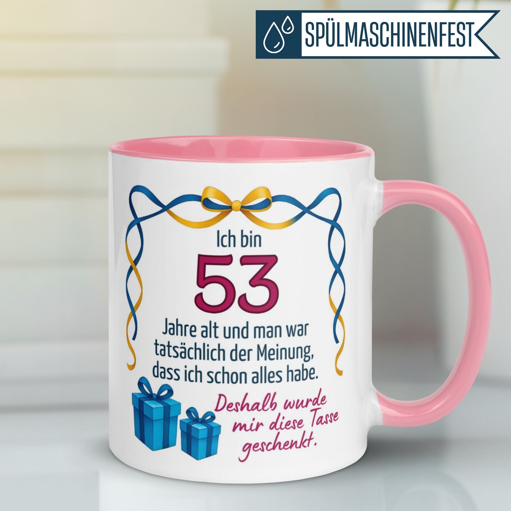 Momentals® Tasse für 53. Geburtstag mit humorvollem Spruch und bunten Geschenken.