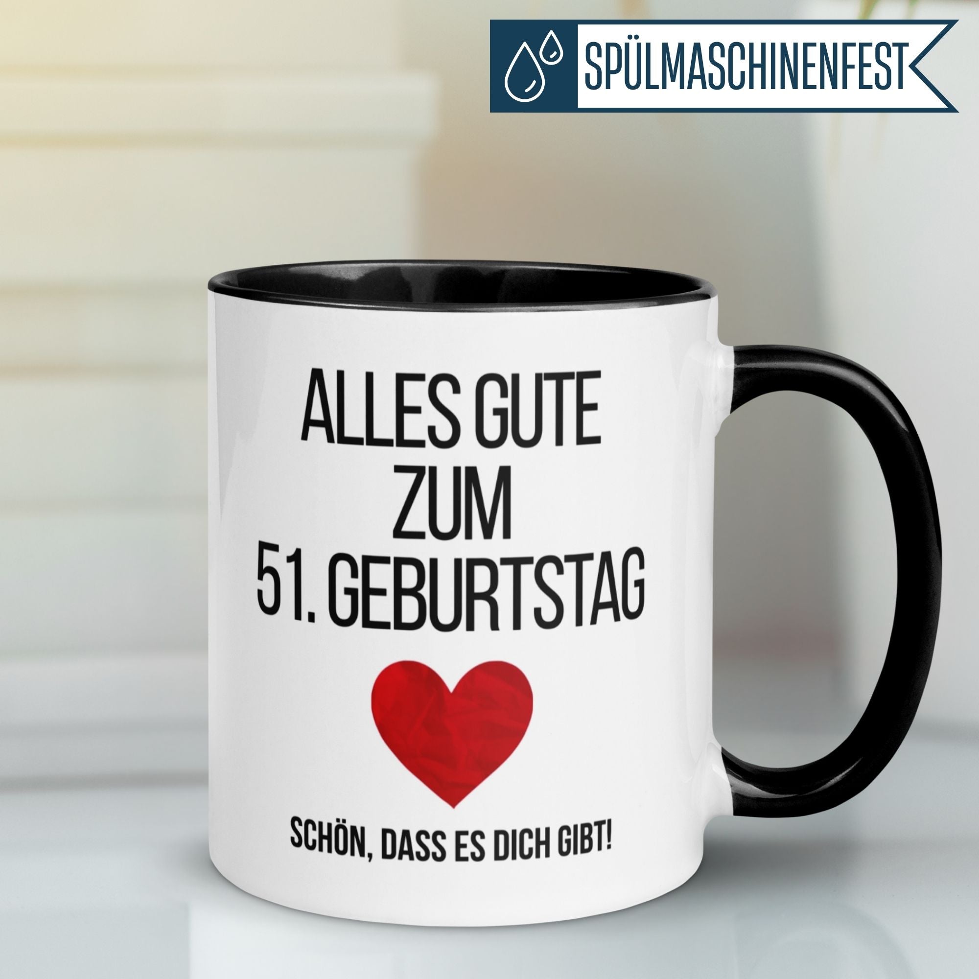 Momentals® Tasse für den 51. Geburtstag mit Herzmotiv und Spruch, ideal für Männer und Geburtstagsgeschenke.