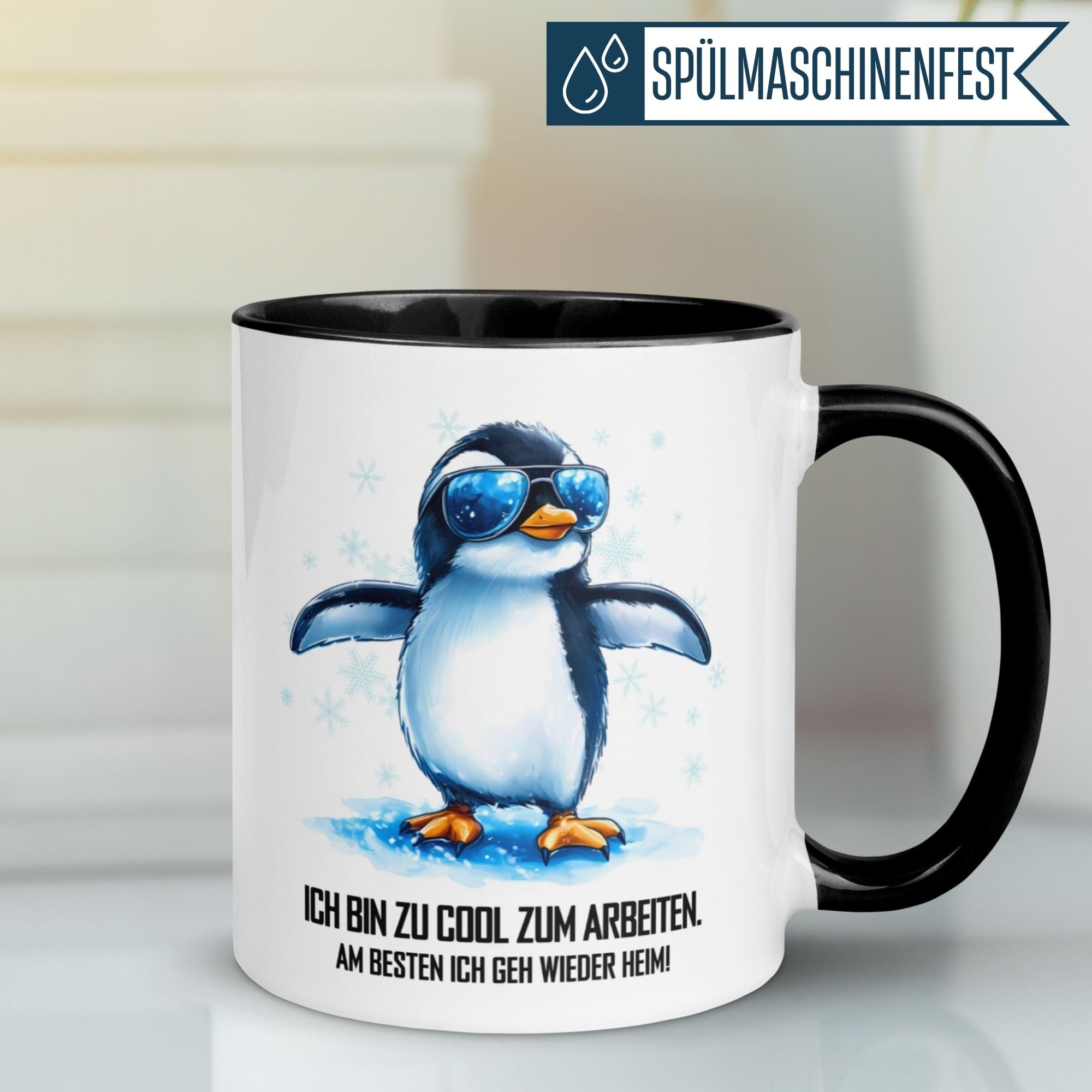 Momentals Tasse mit Pinguin in Sonnenbrille und Spruch "Ich bin zu cool zum Arbeiten".