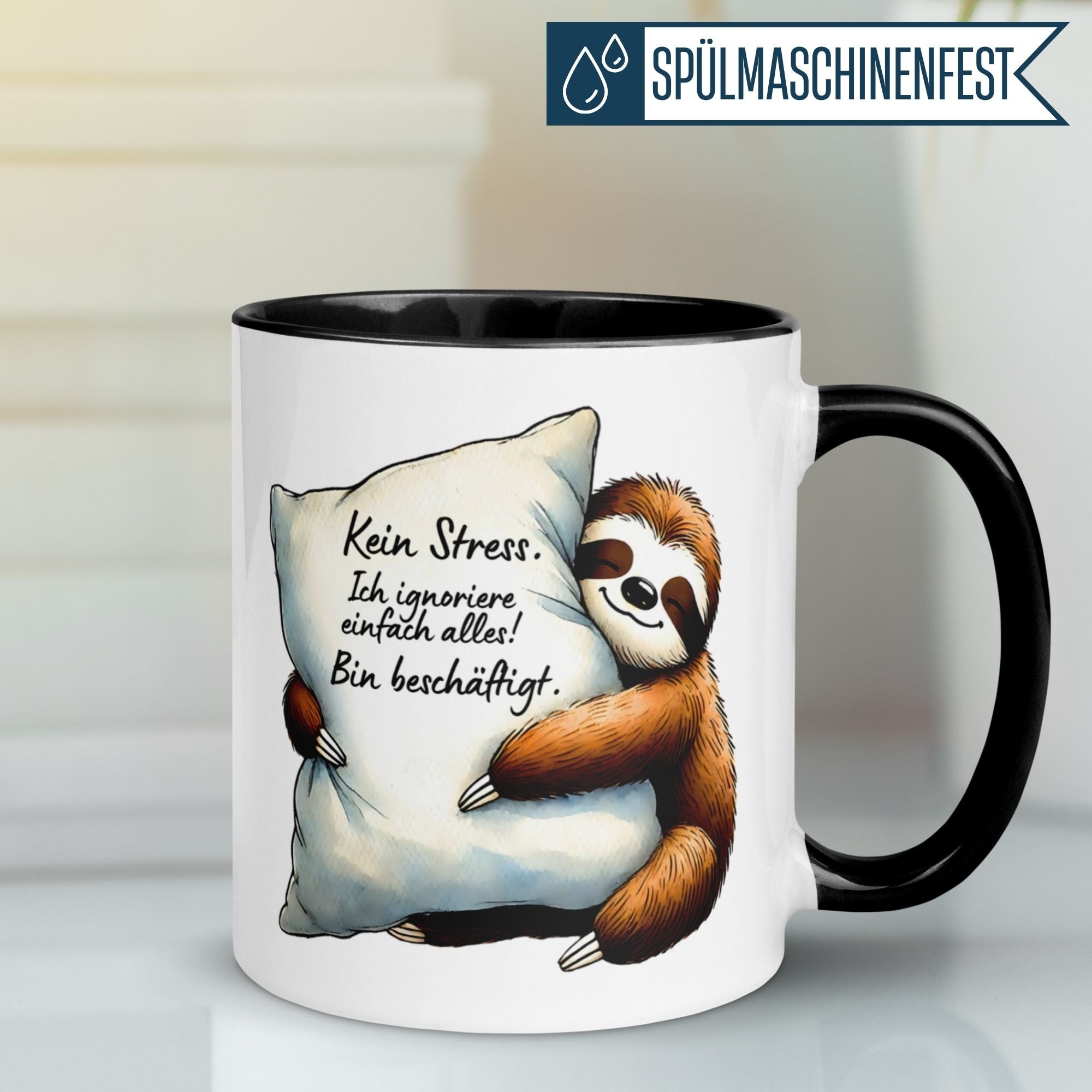 Momentals® Tasse mit Faultier und Spruch "Kein Stress. Ich ignoriere einfach alles!" für entspannte Tierfreunde.