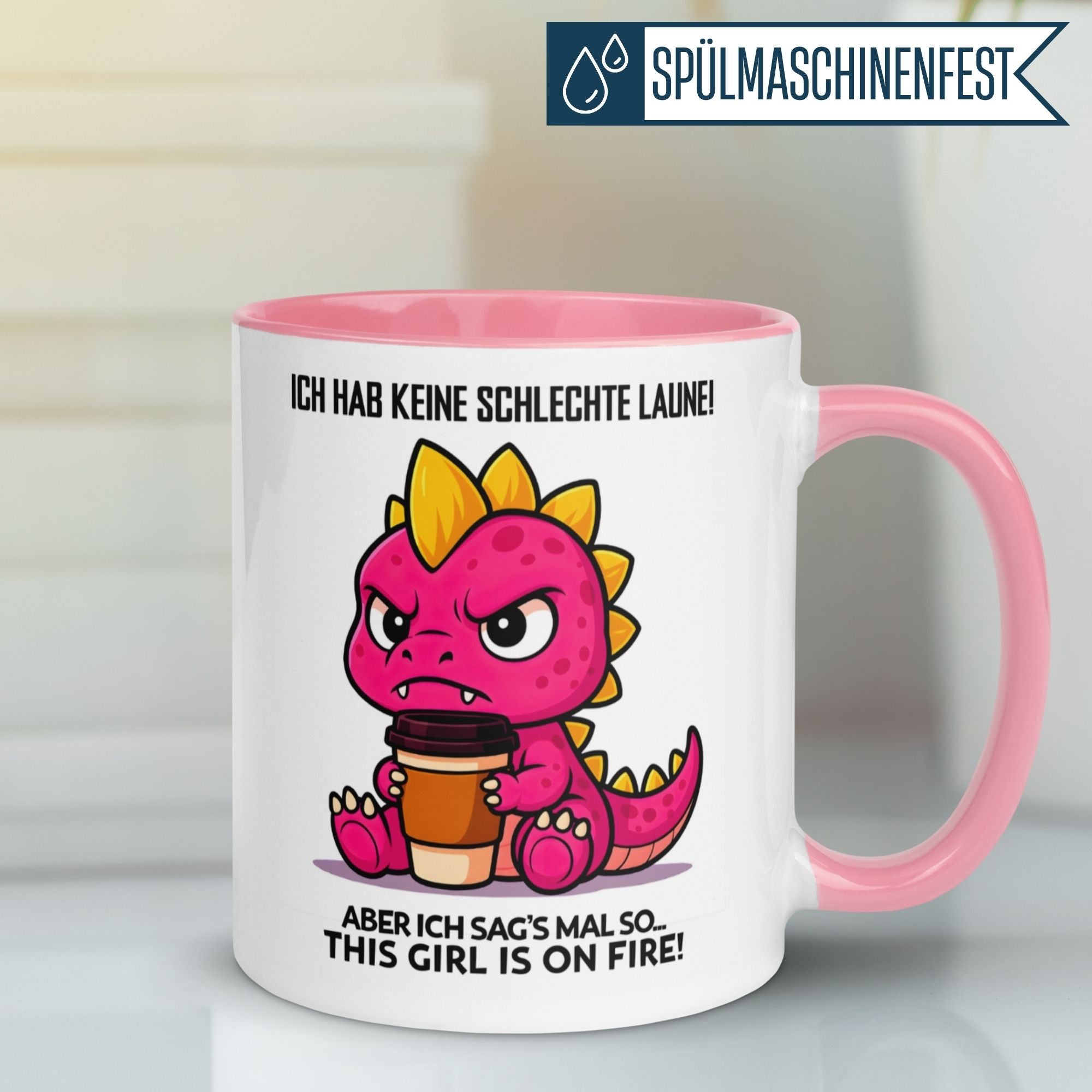 Tasse Dinosaurier – „This girl is on fire“ – Dino Geschenk Becher für Morgenmuffel