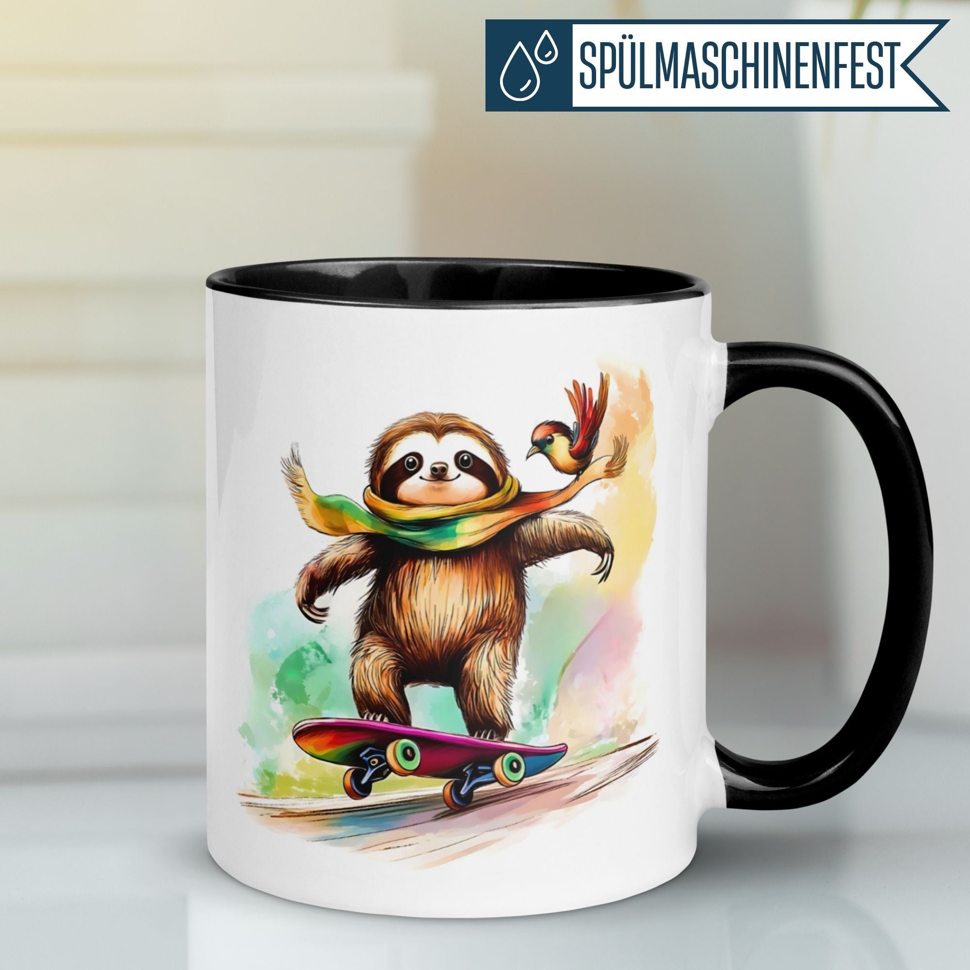 Momentals® Tasse mit Faultier auf Skateboard, entspannte Tierfreunde und charmantes Design.