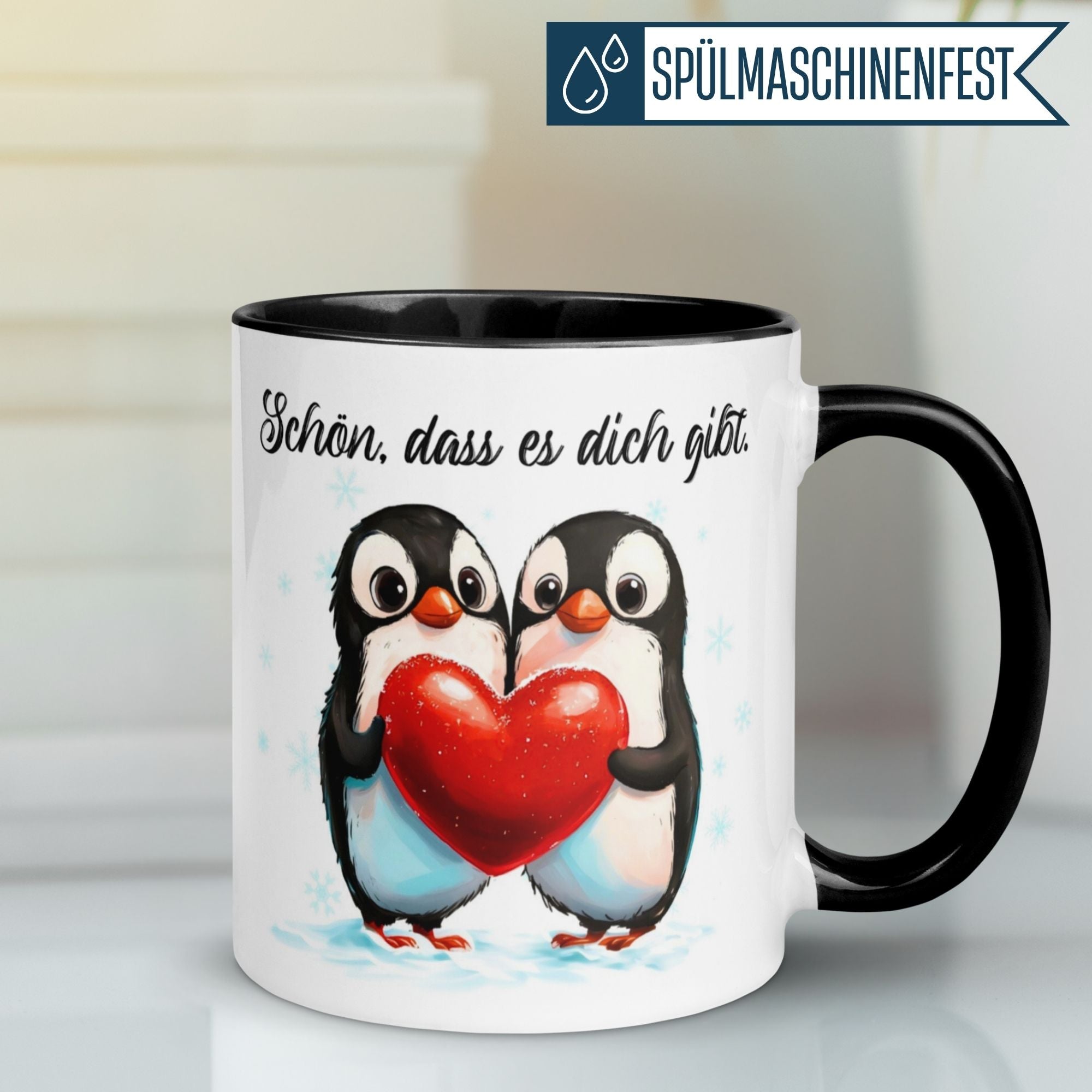 Momentals Tasse mit Pinguinen und Herz, Botschaft "Schön, dass es dich gibt!" für Wertschätzung und Dank.