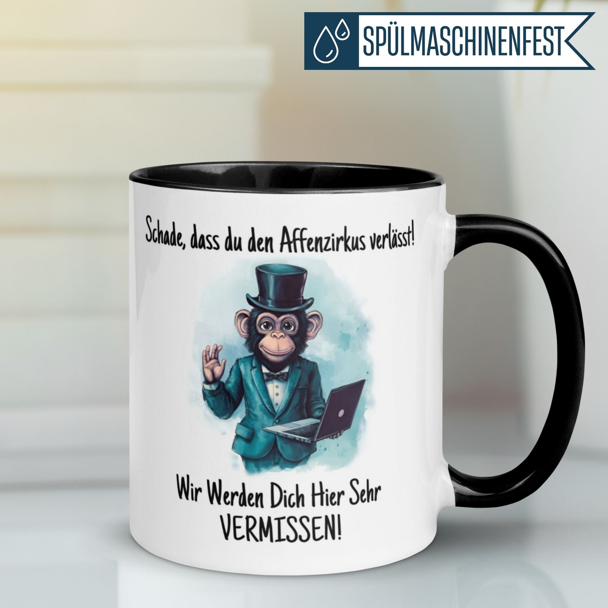 Momentals Tasse mit Affenmotiv und Abschiedsspruch: "Schade, dass du den Affenzirkus verlässt!"