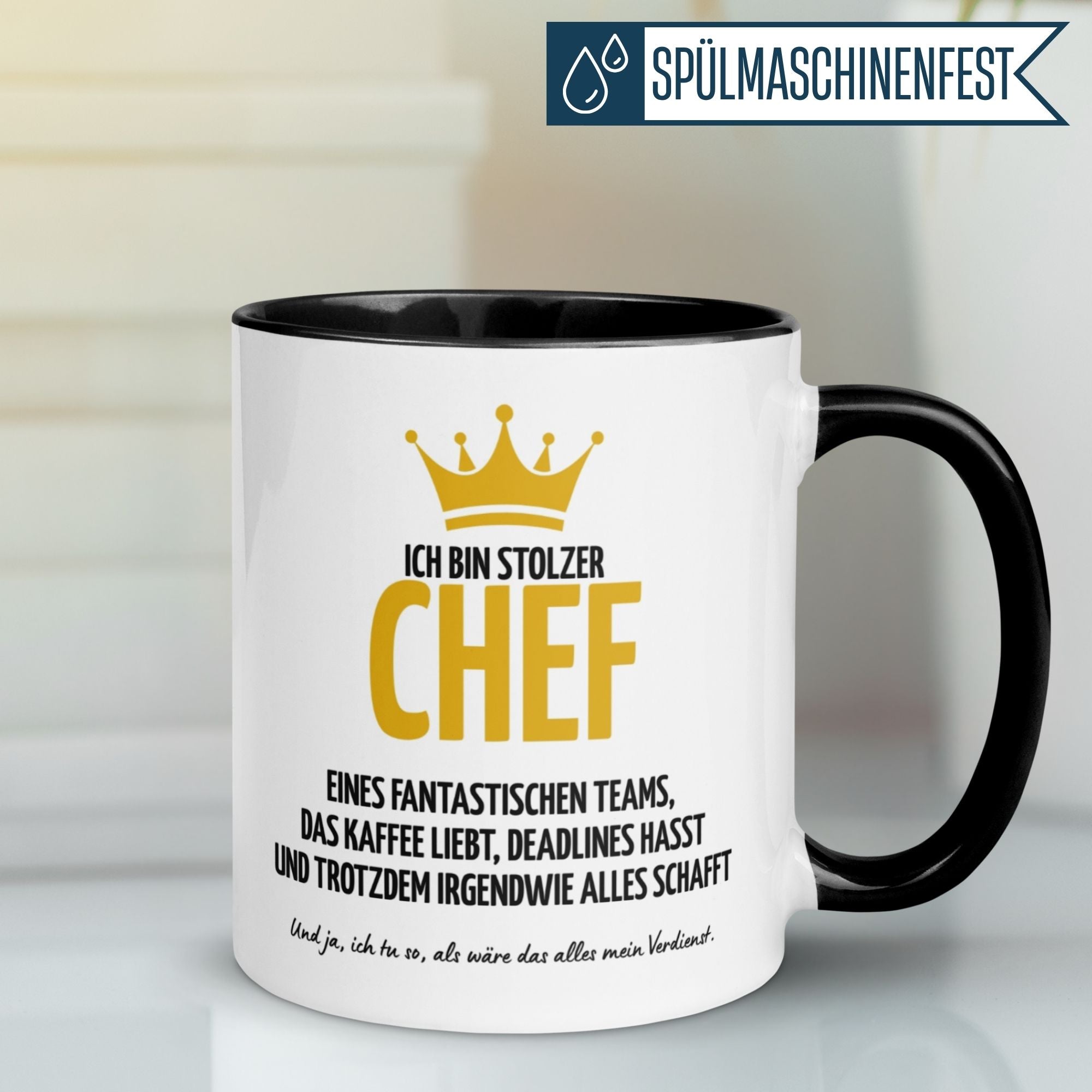 Momentals® Tasse für Chefs mit humorvollem Spruch: "Ich bin stolzer Chef eines fantastischen Teams".