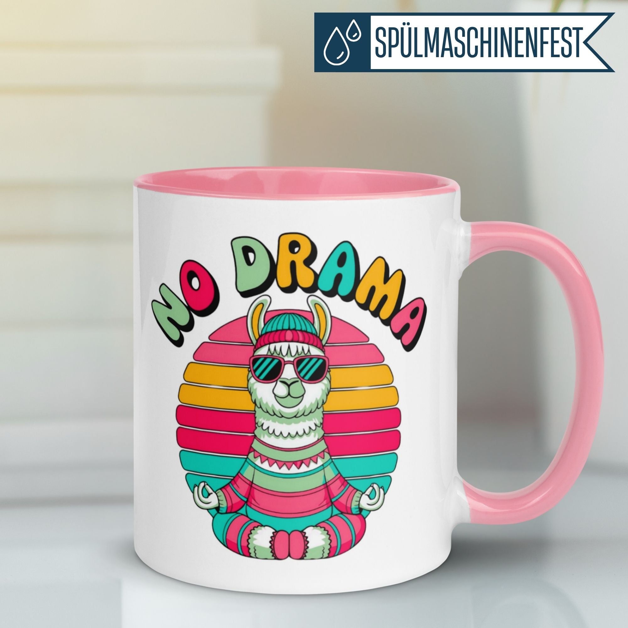 Momentals Tasse mit Lama Motiv und „No Drama“ Spruch, pinker Rand, ideal für Tierliebhaber.