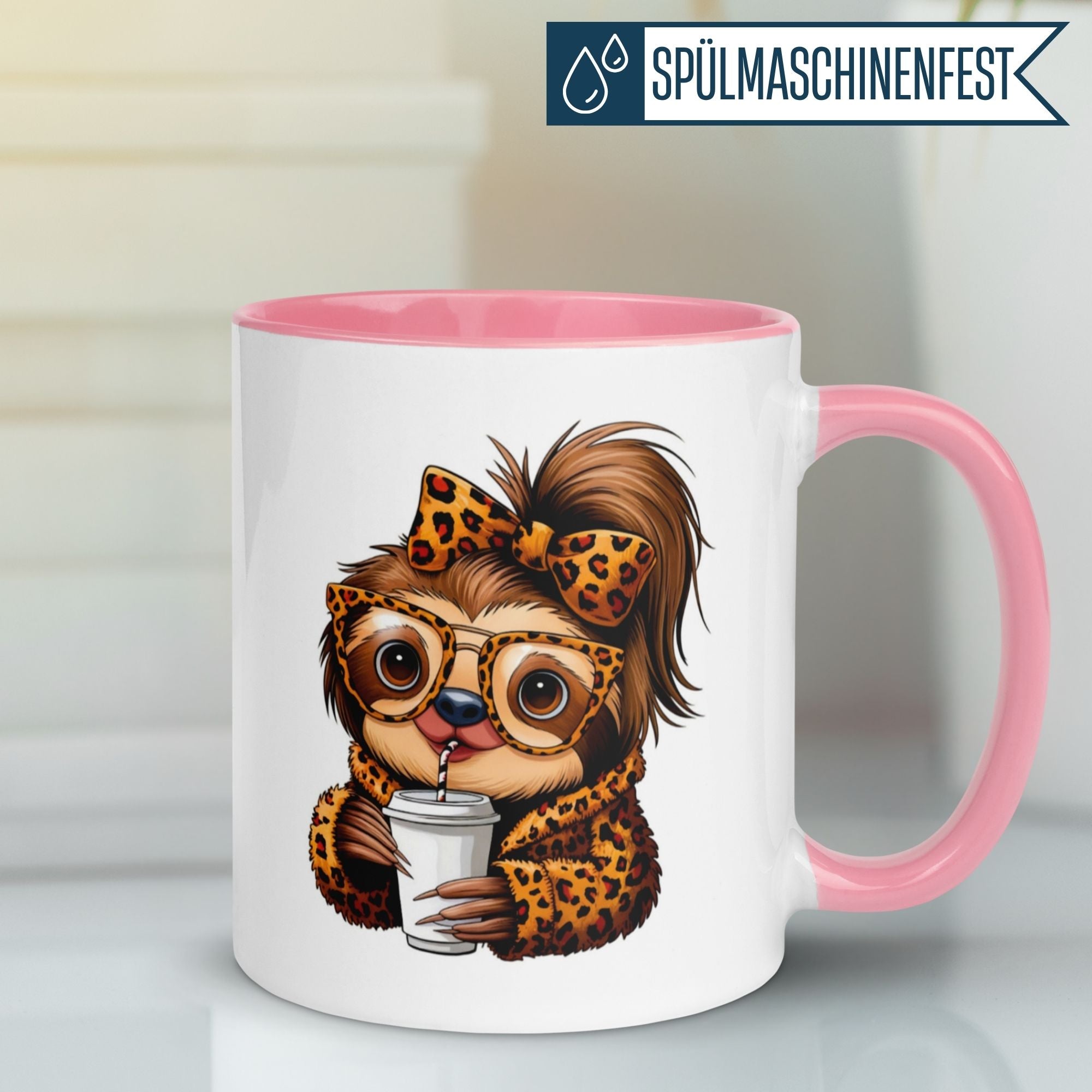 Cute sloth mug with sunglasses and leopard print, sipping a drink for trendy coffee vibes.