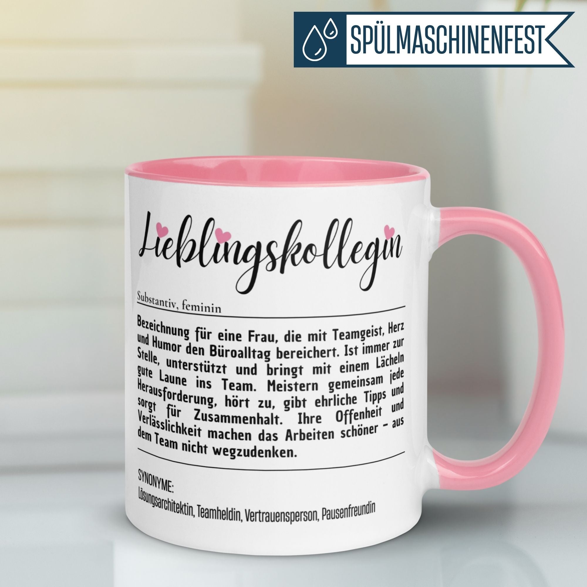 Momentals Tasse für Lieblingskollegin mit herzlichem Spruch und rosa Herzchen, perfektes Geschenk im Büro.