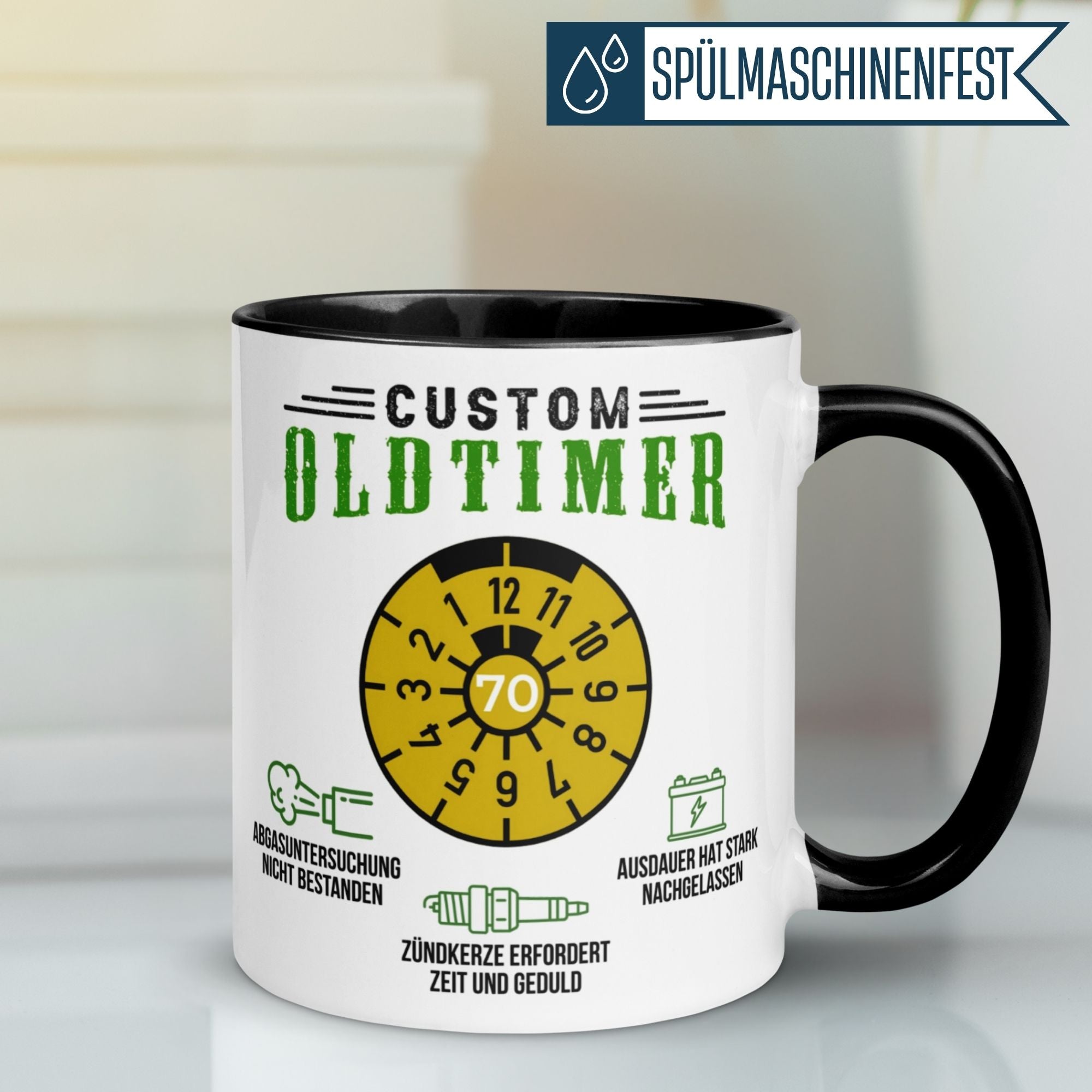 Humorous birthday mug for men, featuring 'Custom Oldtimer' design, perfect for celebrating the 70th birthday.