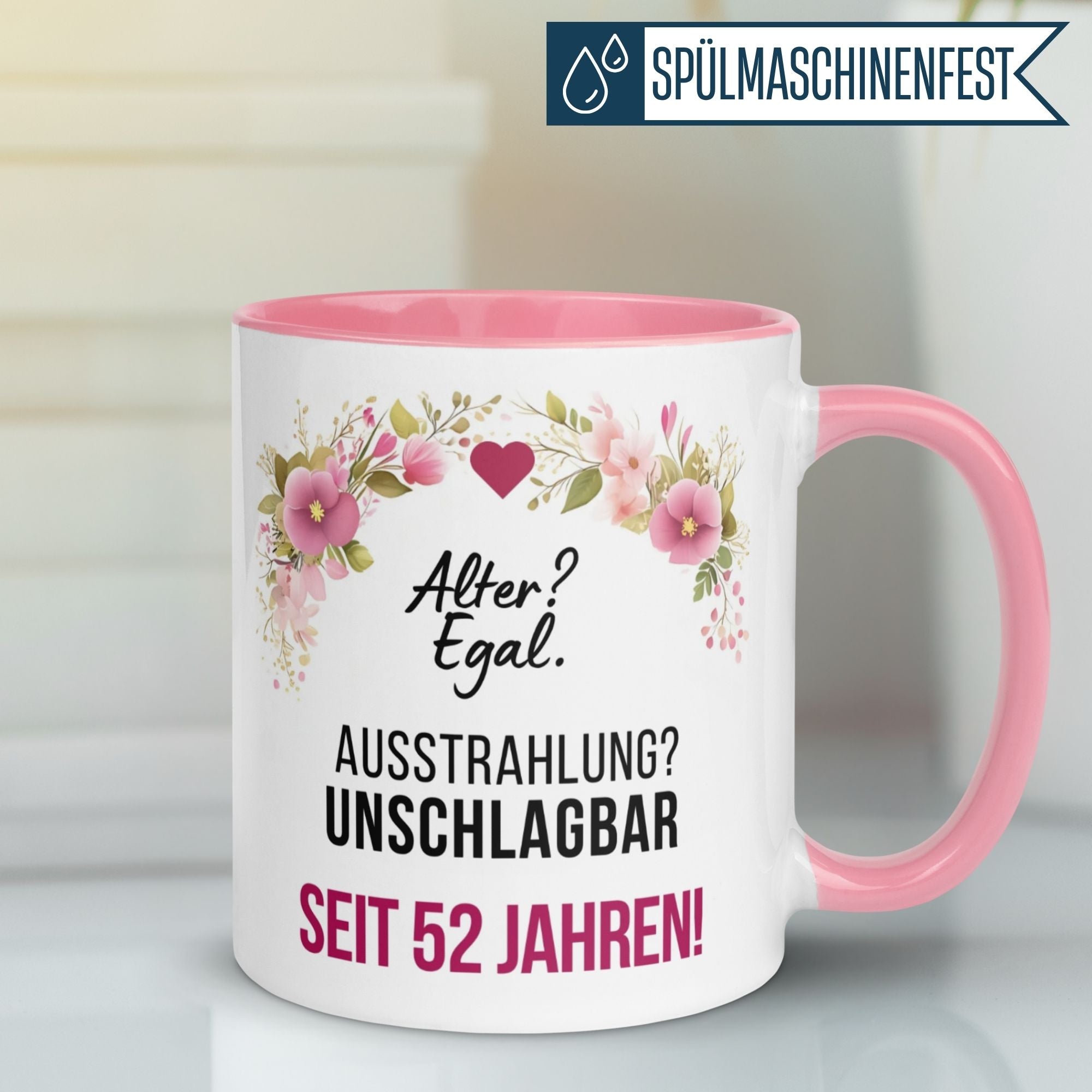 Momentals® Tasse 52. Geburtstag | Blumen & Spruch | Ausstrahlung - Unschlagbar seit 52 Jahren