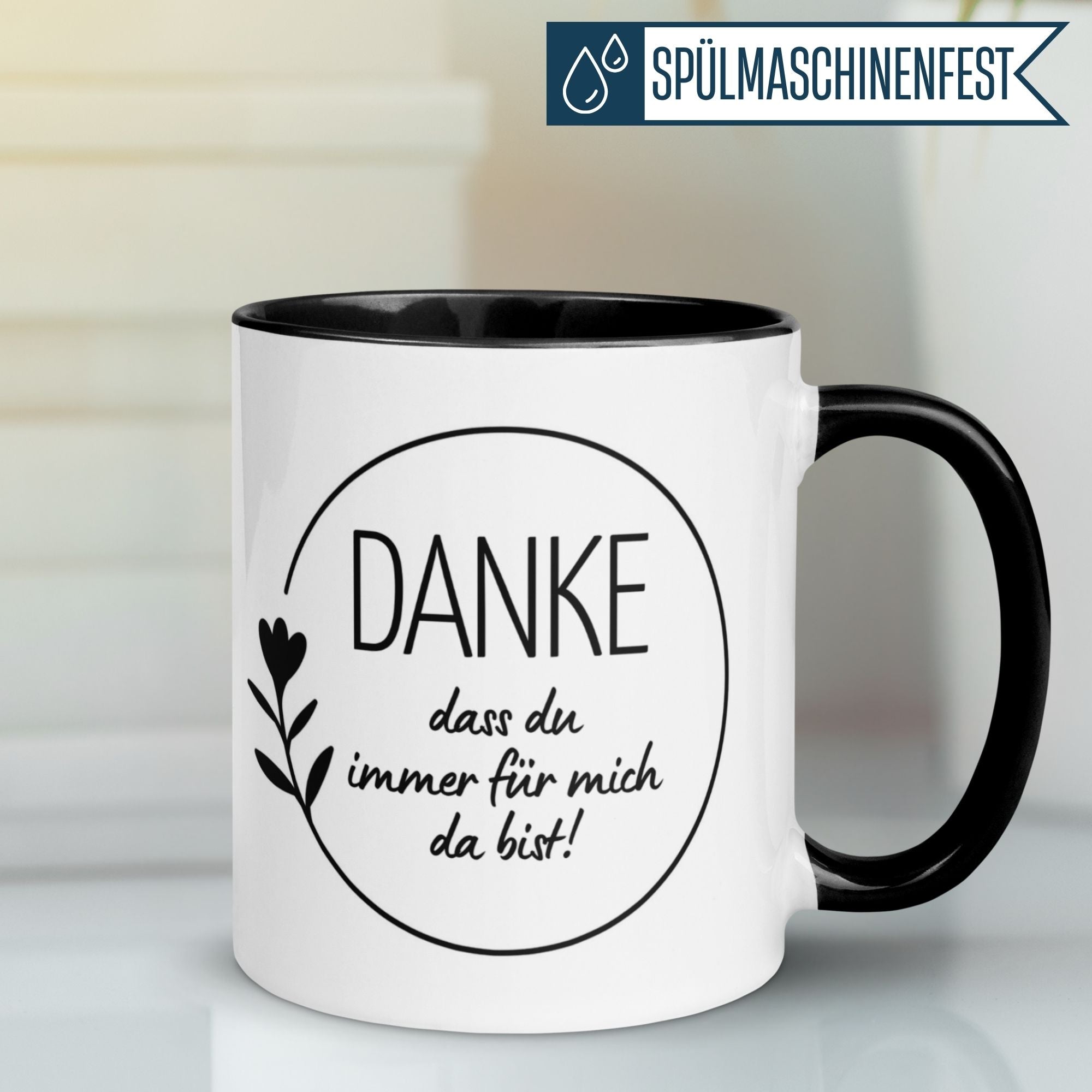 Momentals® Tasse mit dem Schriftzug "Danke, dass du immer für mich da bist!" und Herzmotiv.