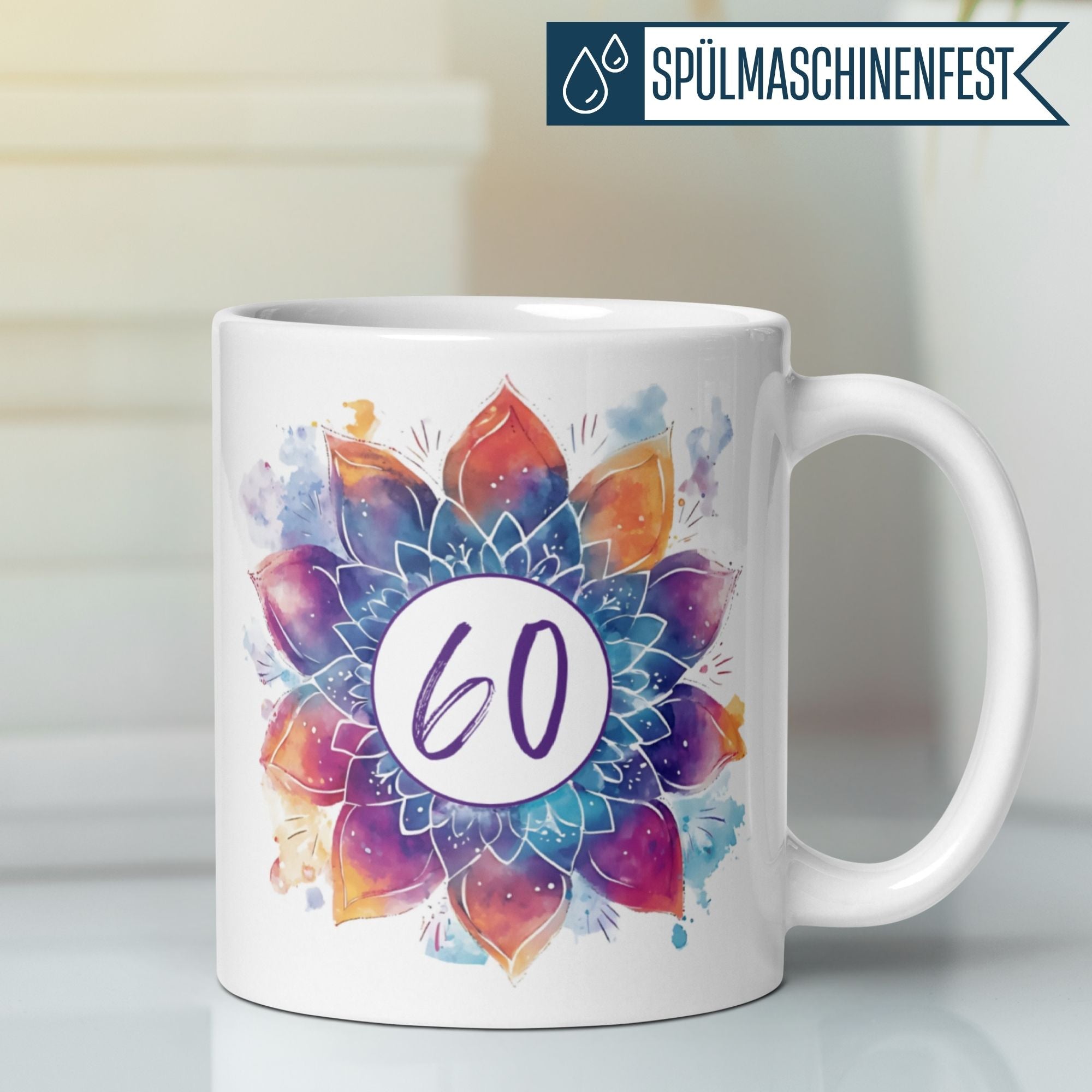 Momentals® Tasse 60. Geburtstag | Mandala Motiv | Farbenfrohes Muster mit Alterszahl • Momentals