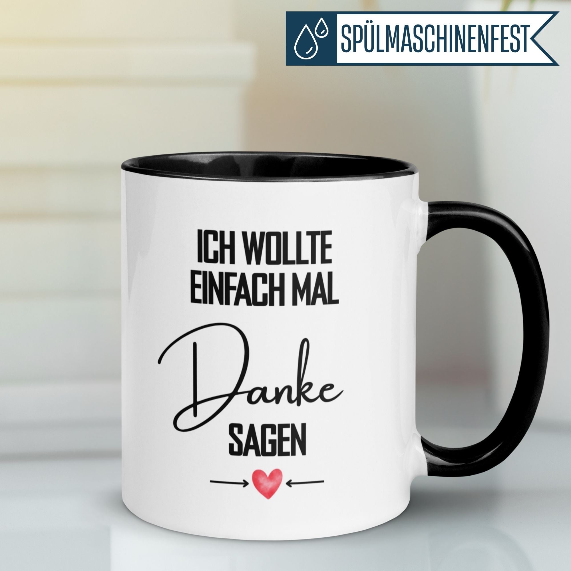Momentals® Tasse mit Dankeschön Spruch "Ich wollte einfach mal Danke sagen" und Herz-Motiv.