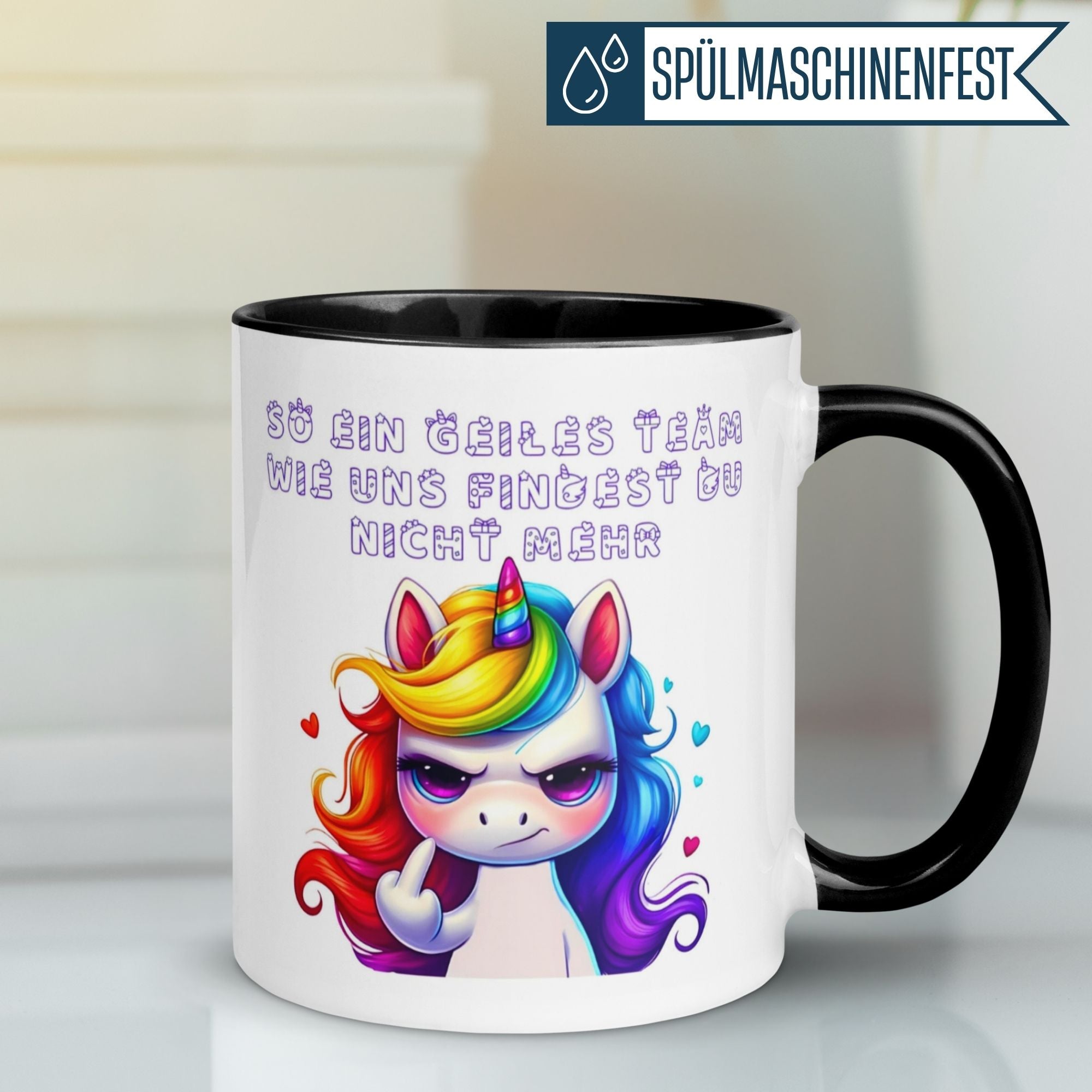 Momentals Tasse mit Einhorn und Spruch zum Teamgeist, perfekt als Geschenk für Kolleginnen.