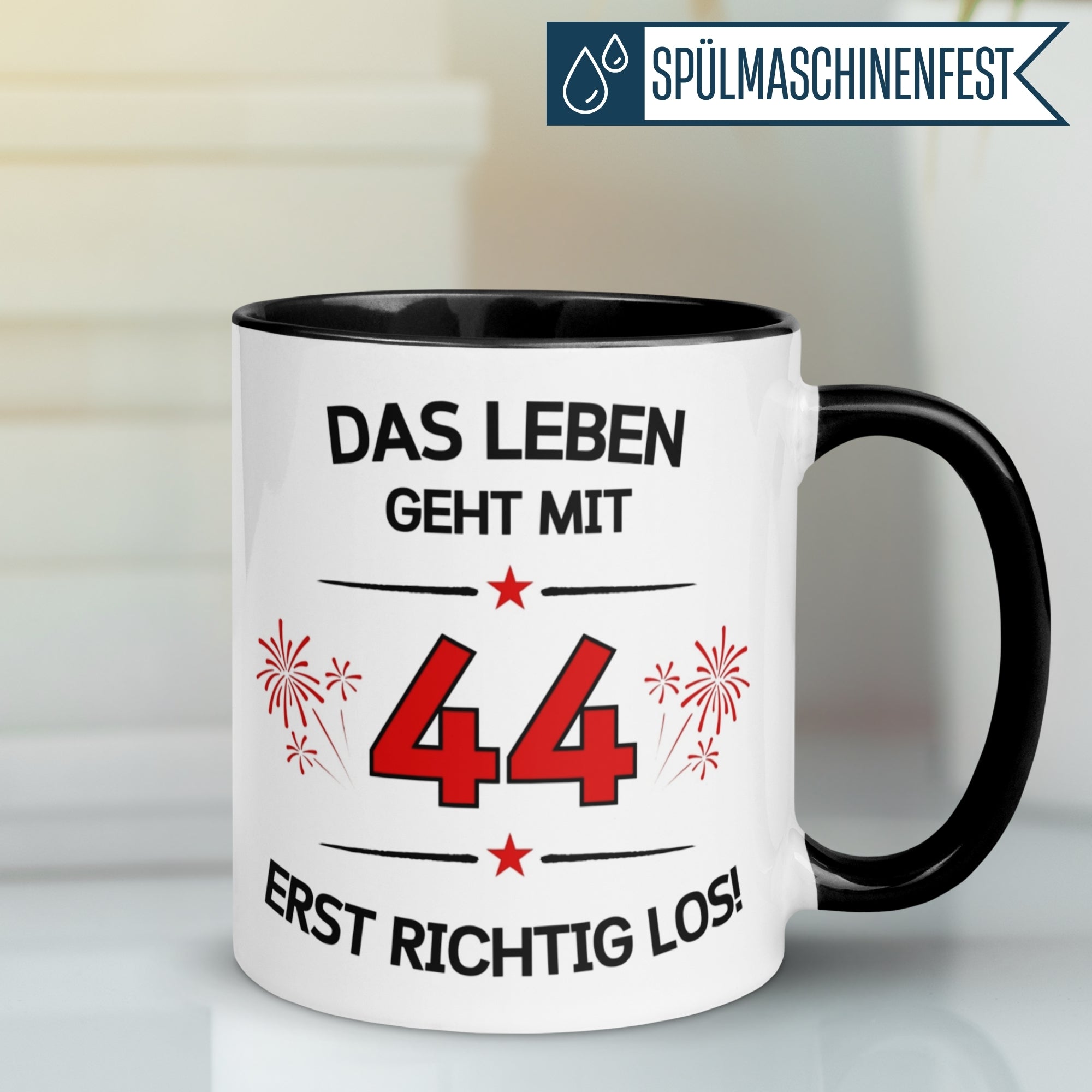 Tasse 44. Geburtstag Mann Frau – „Das Leben geht mit 44 erst Los“ – Geschenk zum Geburtstag Männer Frauen