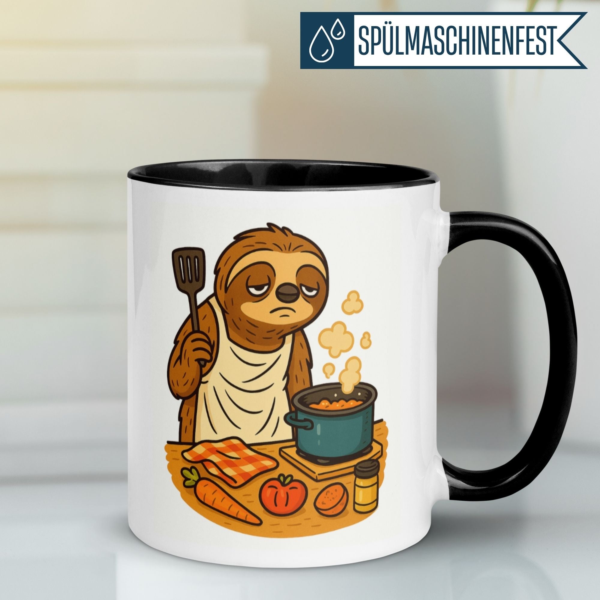 Momentals Tasse mit Faultier als Chefkoch, das gemütlich am Herd kocht, lustiges Küchenmotiv für Tierfreunde.