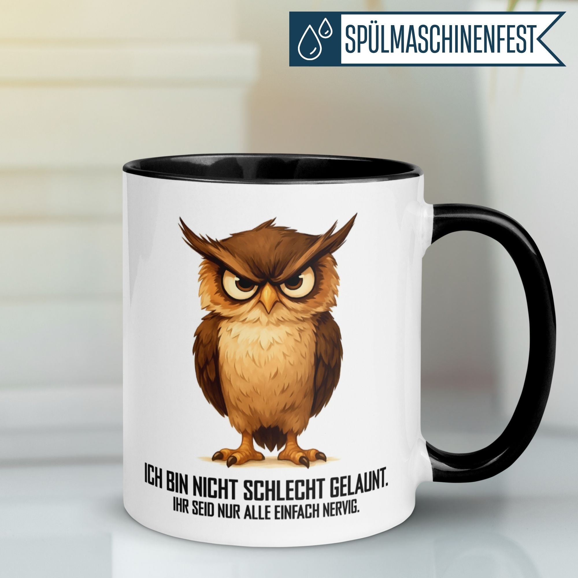 Momentals® Tasse mit Eule und Spruch 'Ich bin nicht schlecht gelaunt' für Morgenmuffel.