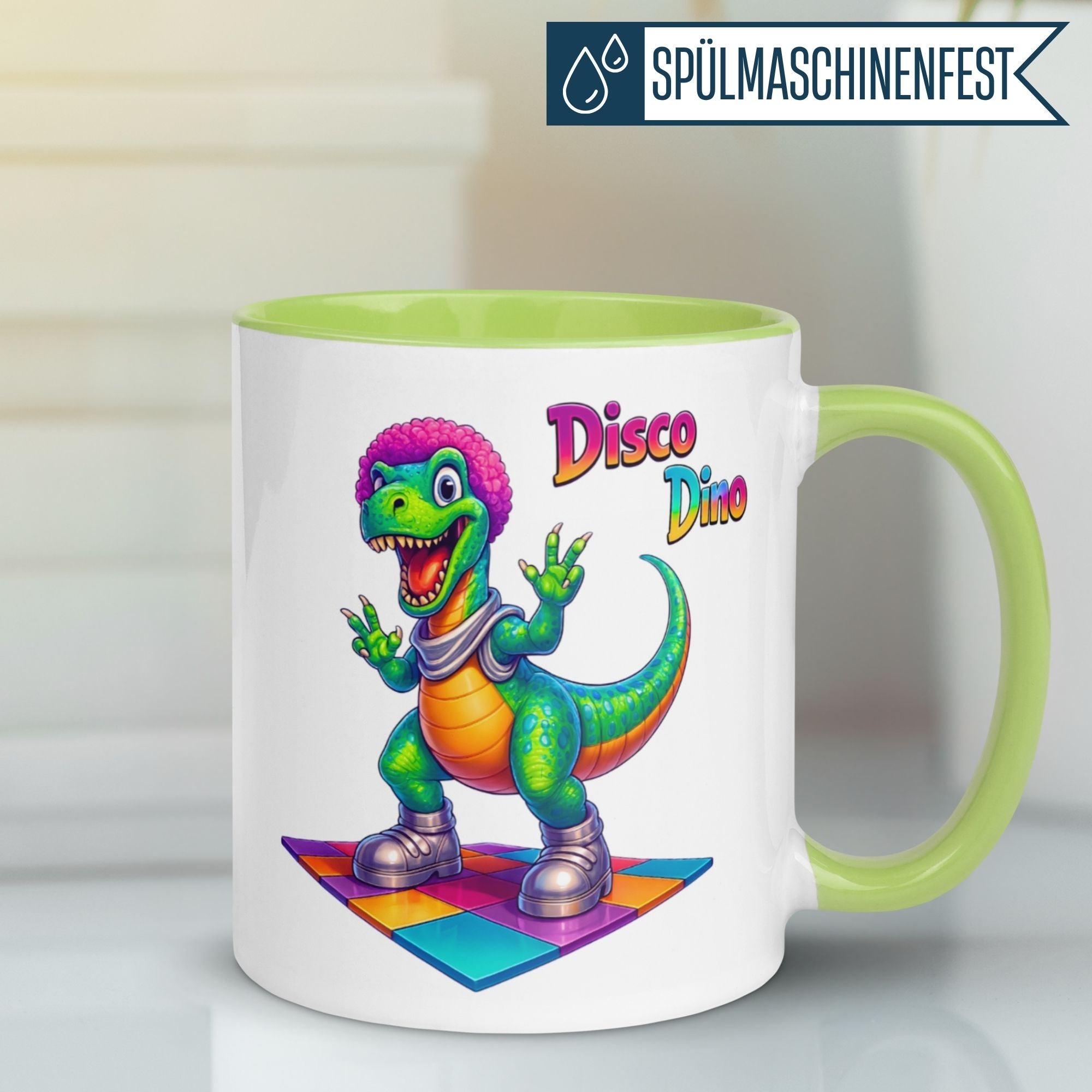 Tasse Dinosaurier – „Disco Dino“ – Dino Geschenk Becher für Musik Fans