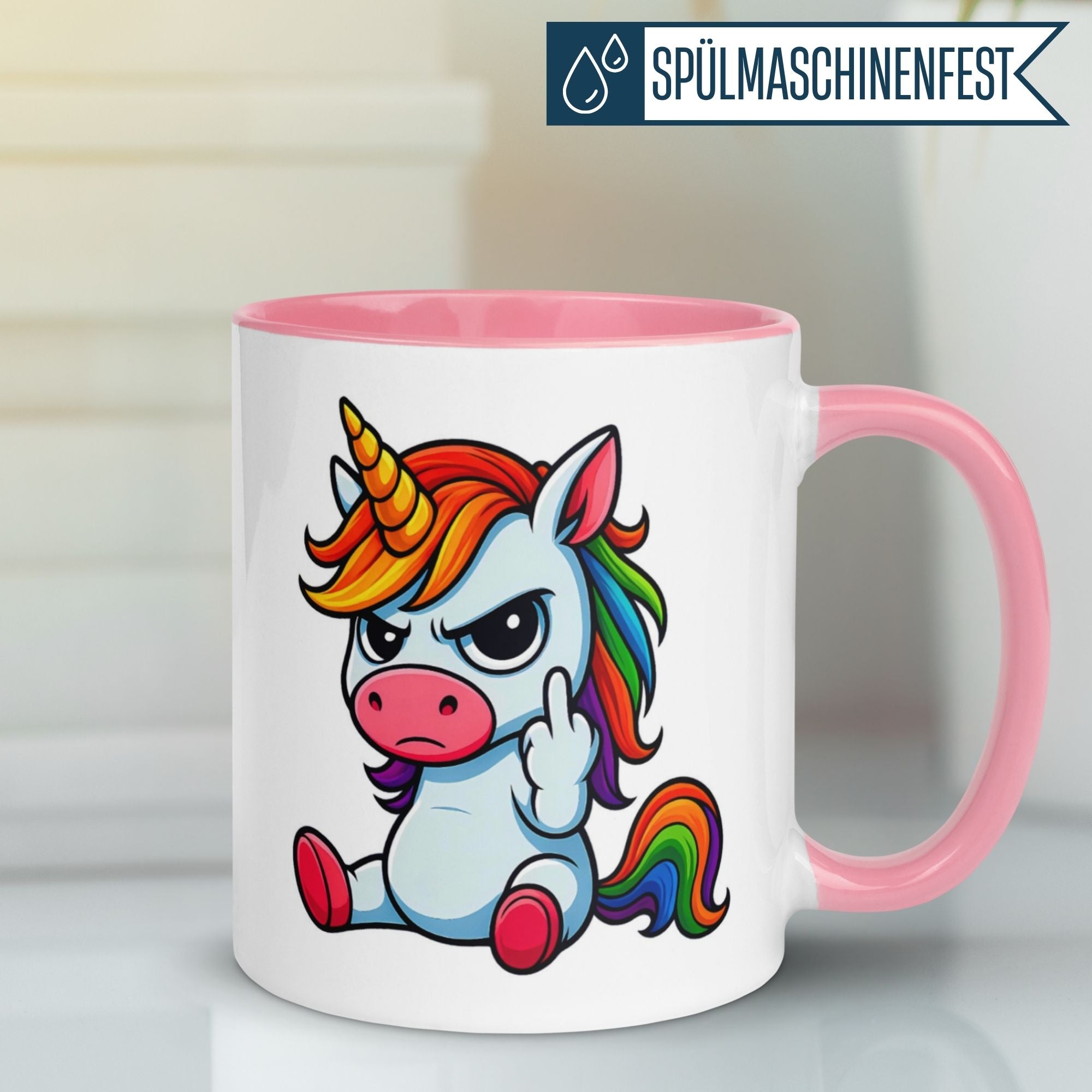 Momentals Morgenmuffel Tasse mit mürrischem Einhorn und Regenbogenmähne, ideal für humorvolle Kaffeepausen.