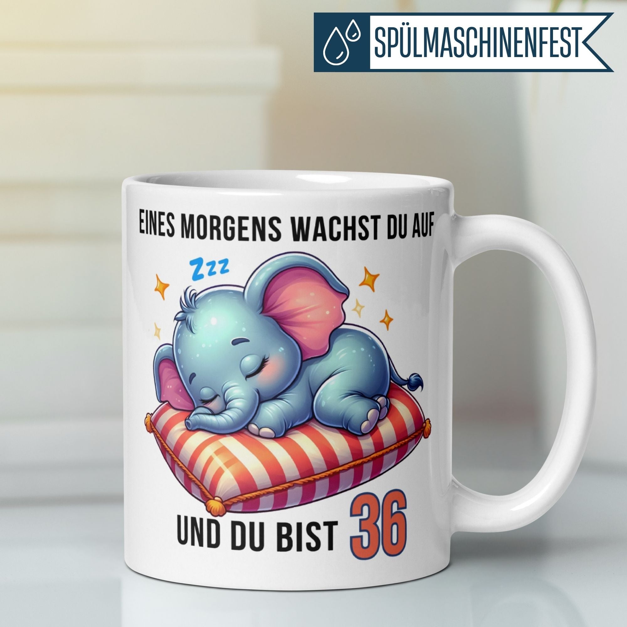 Momentals® Tasse 36. Geburtstag | Elefant & Spruch | Eines Morgens wachst du auf und du bist 36 • Momentals