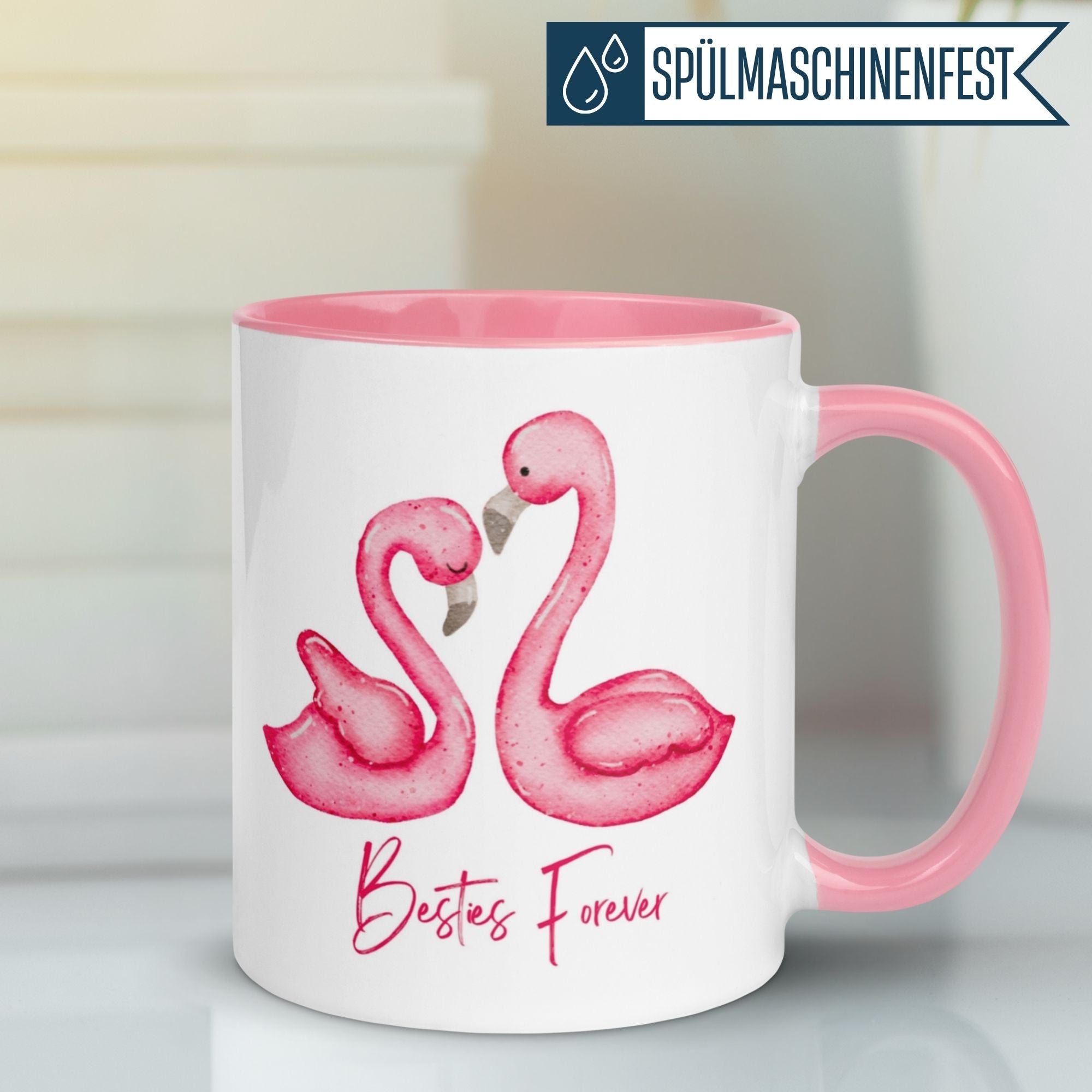 Momentals® Tasse mit zwei Flamingos und "Besties Forever" Schriftzug, ideal für Freundschaften.