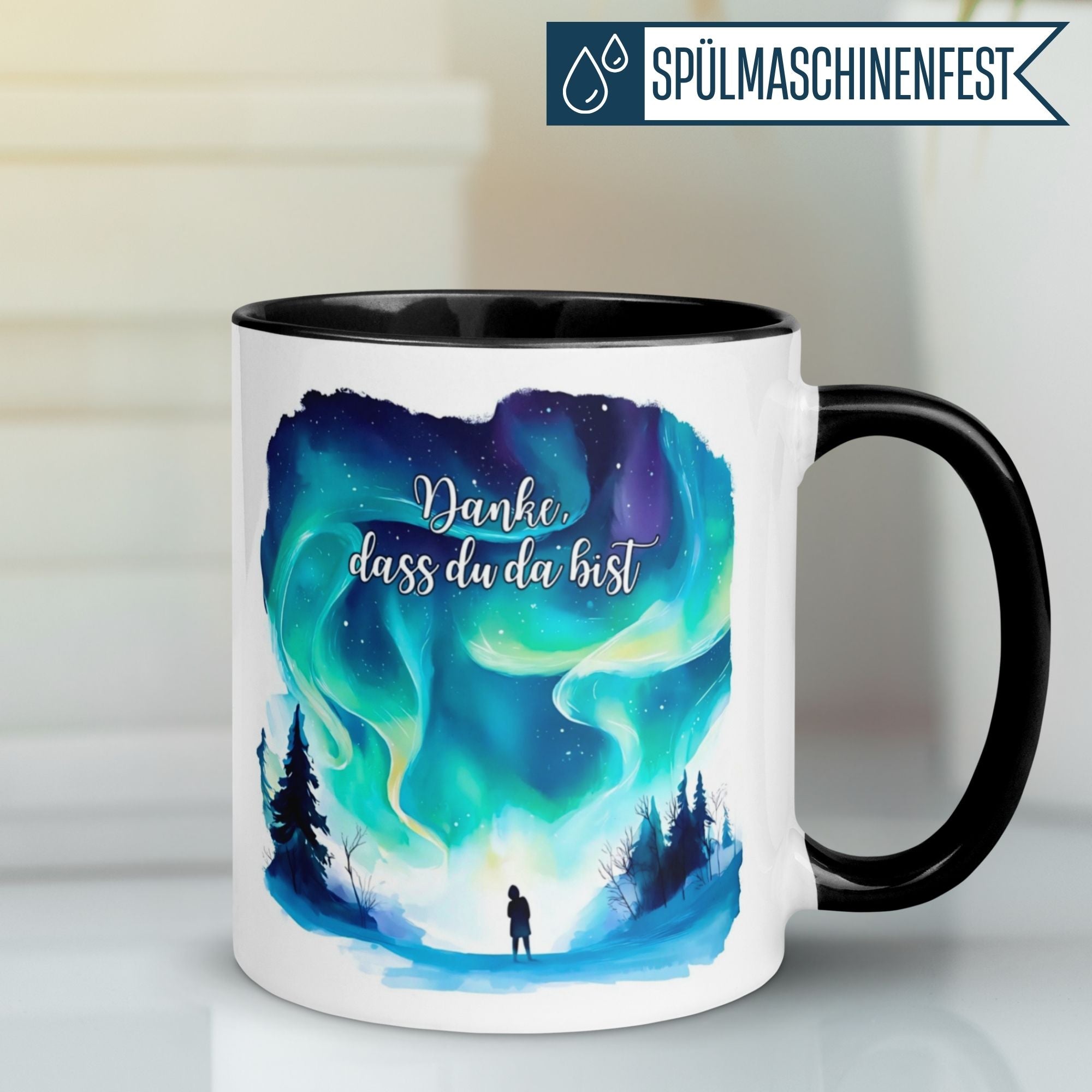 Momentals Tasse mit Nordlicht-Motiv und Dankesbotschaft: "Danke dass du da bist"
