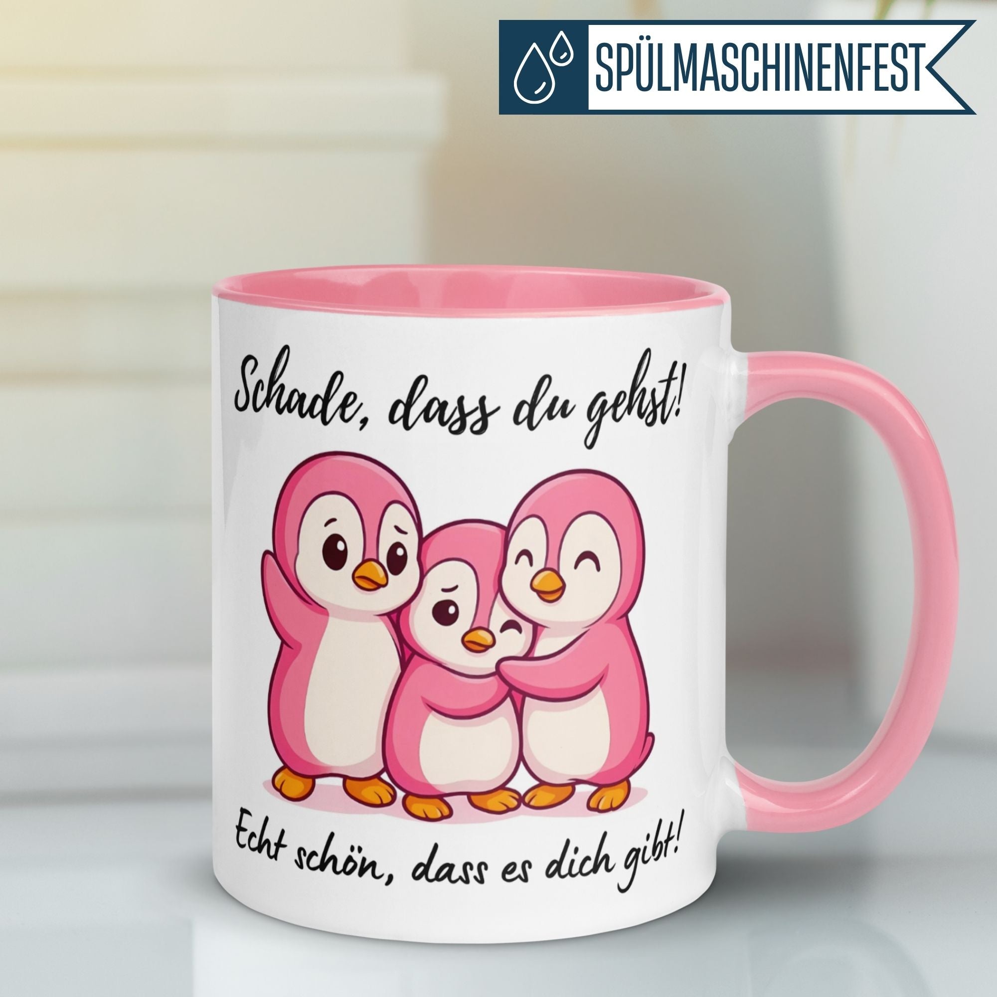 Momentals Tasse mit rosa Pinguinen und Spruch "Schade, dass du gehst!" für liebevolle Abschiede.