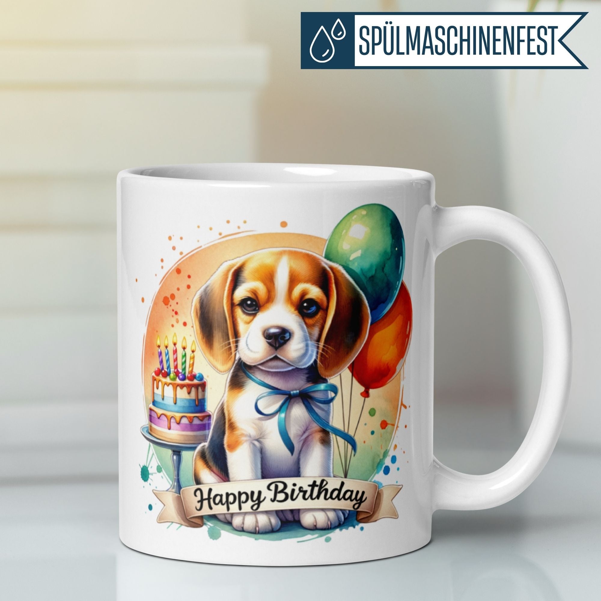 Beagle puppy birthday mug with balloons and cake, colorful illustration for joyful celebrations.
