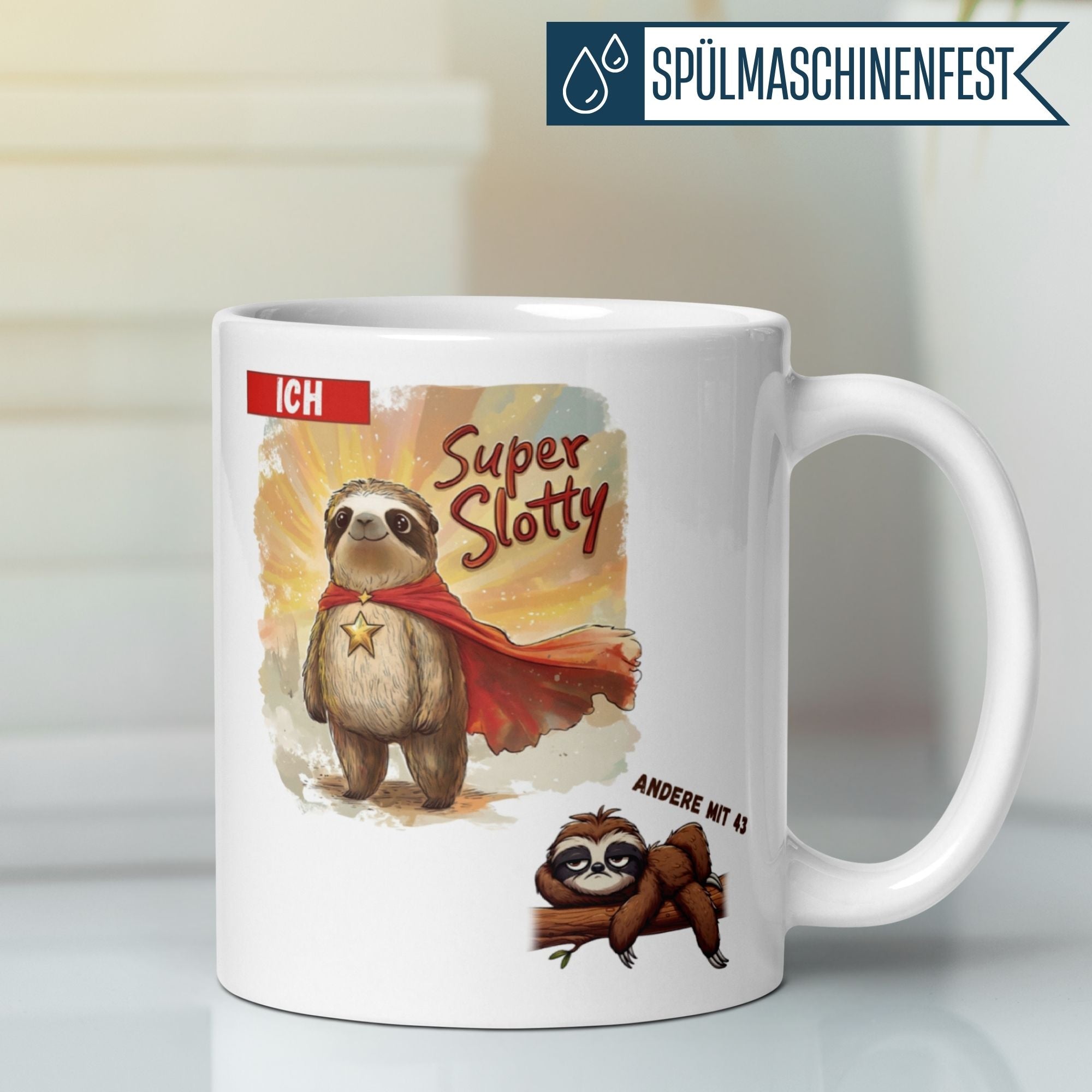 Momentals® coffee mug featuring a superhero sloth design, celebrating the humor of turning 43.
