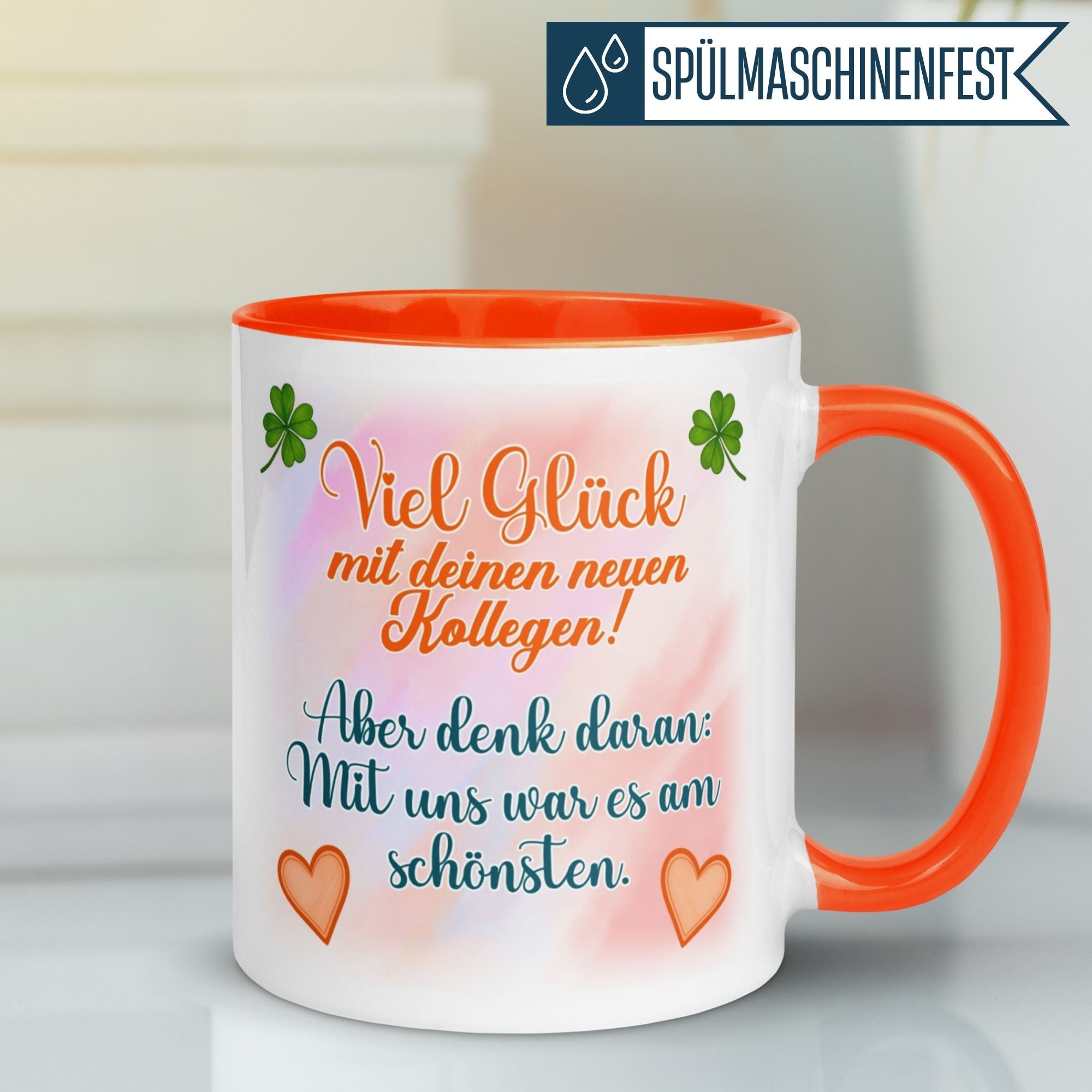 Momentals® Tasse Abschied | Kleeblatt & Herzen | Viel Glück mit deinen neuen Kollegen