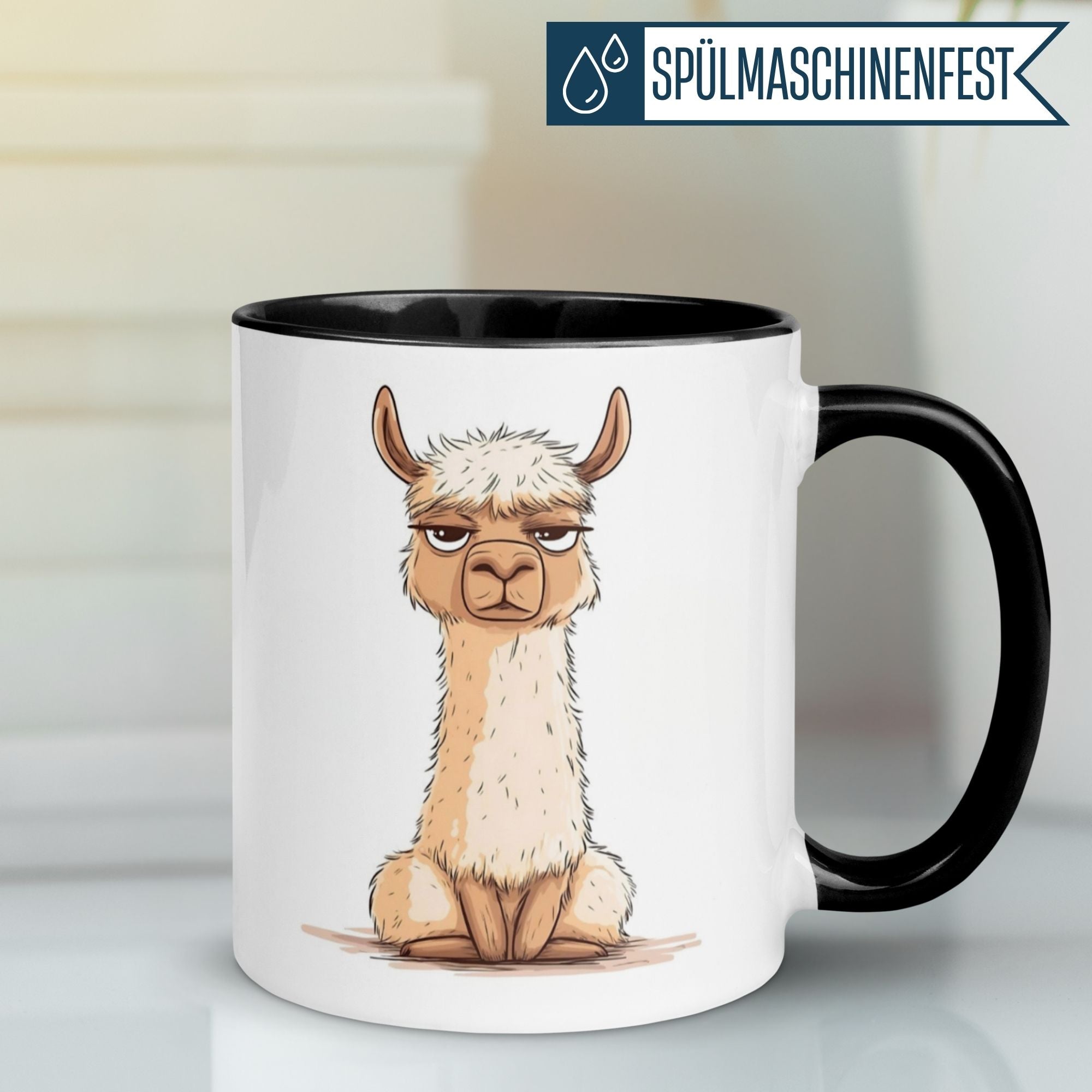 Momentals® Tasse mit mürrisch blickendem Lama und Spruch: Alles wird gut - Außer ich habe Hunger.