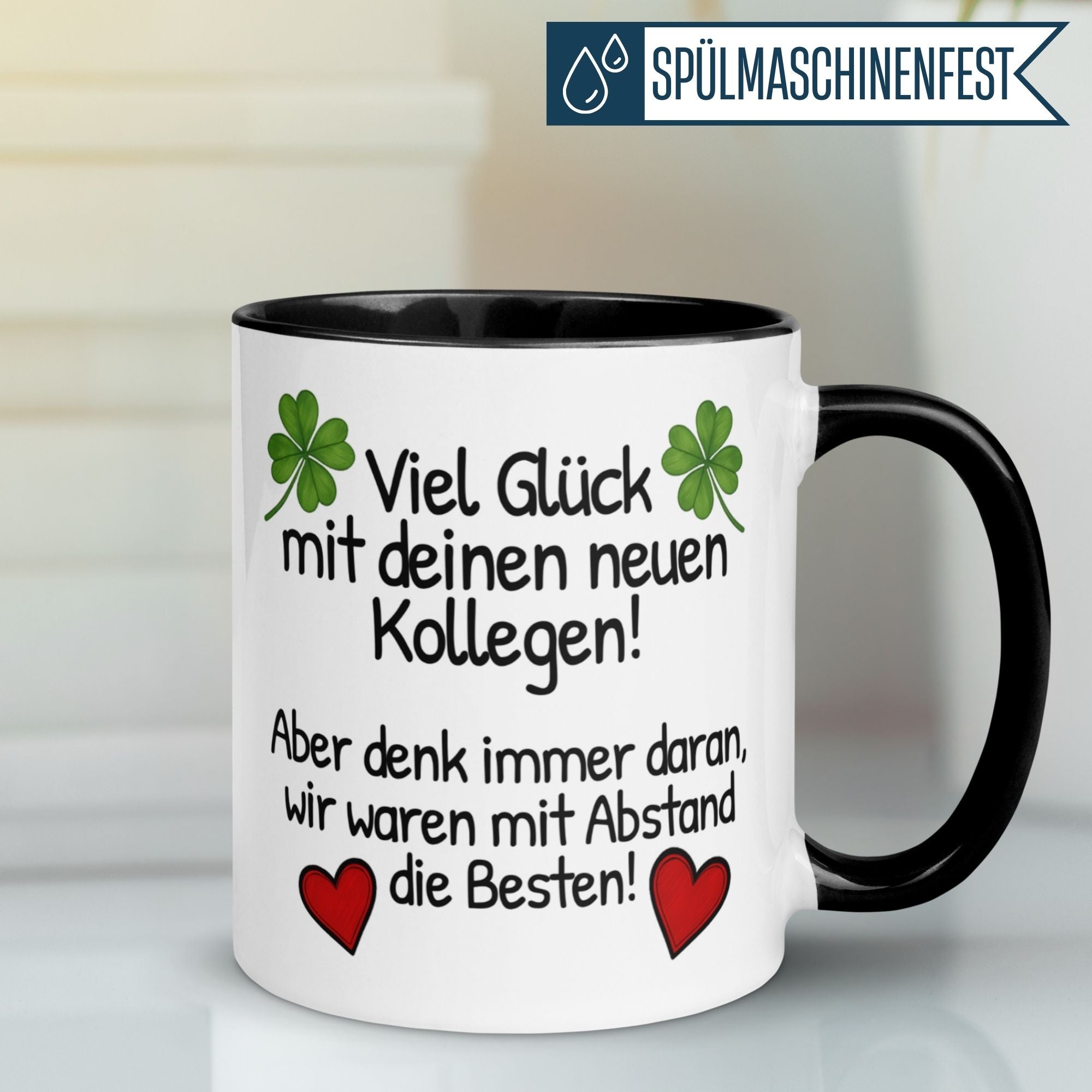 Momentals Tasse Abschied mit Kleeblättern und Herzen, witzige Botschaft für neue Kollegen